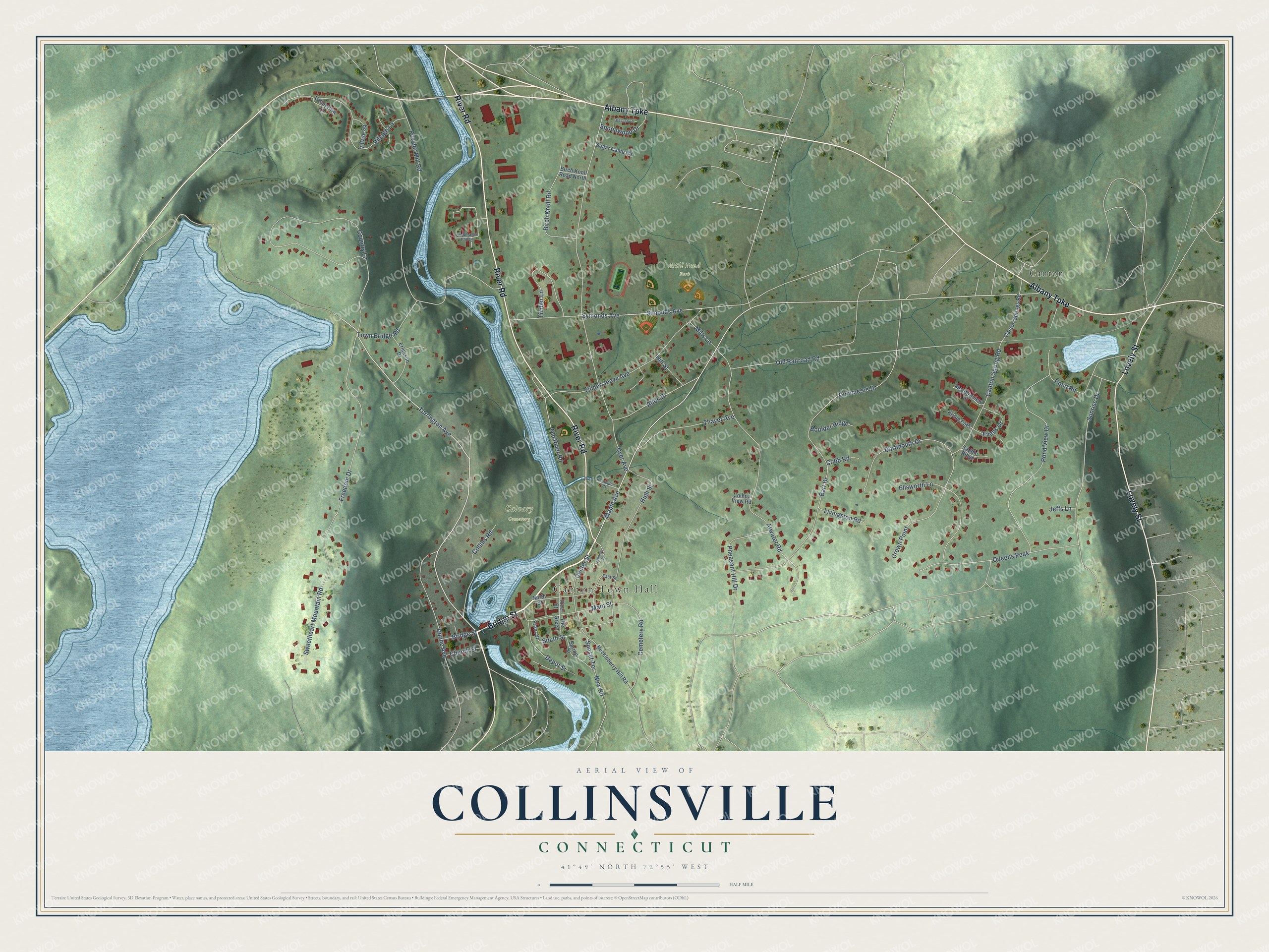 Full map of Collinsville, Connecticut, with red buildings, printed street names and the land around them