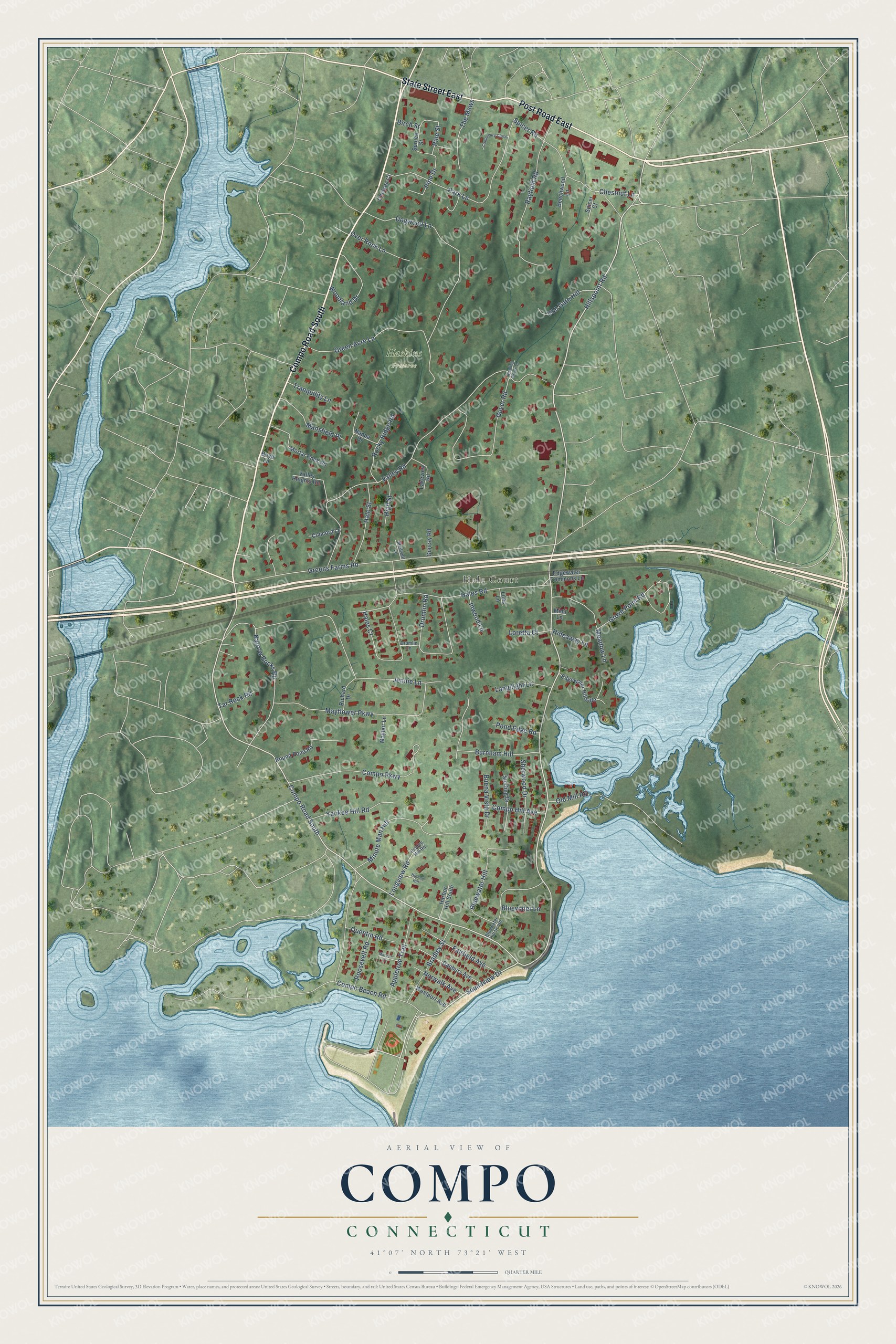 Full map of Compo, Connecticut, with red buildings, printed street names and the land around them