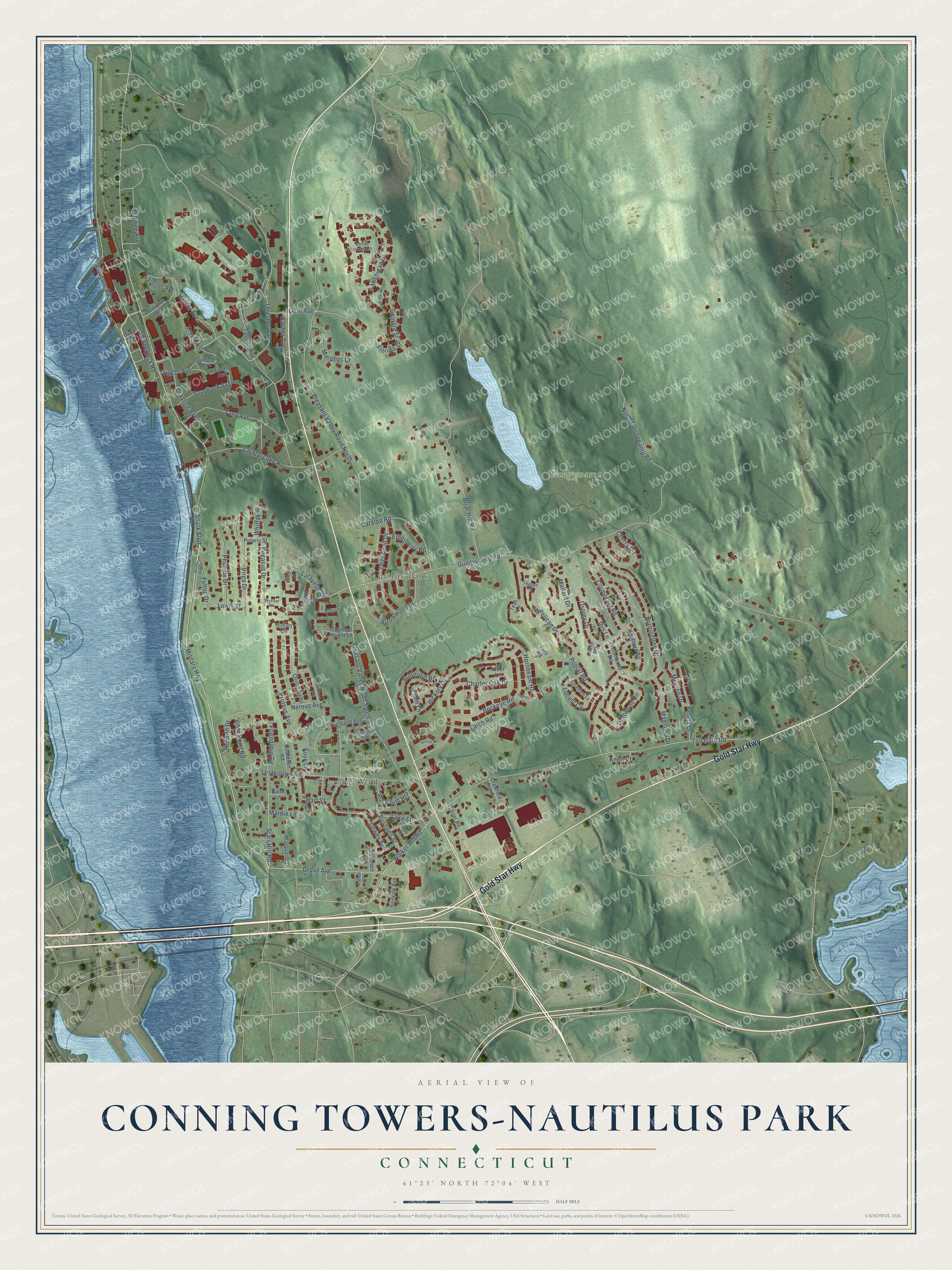 Full map of Conning Towers-Nautilus Park, Connecticut, with red buildings, printed street names and the land around them