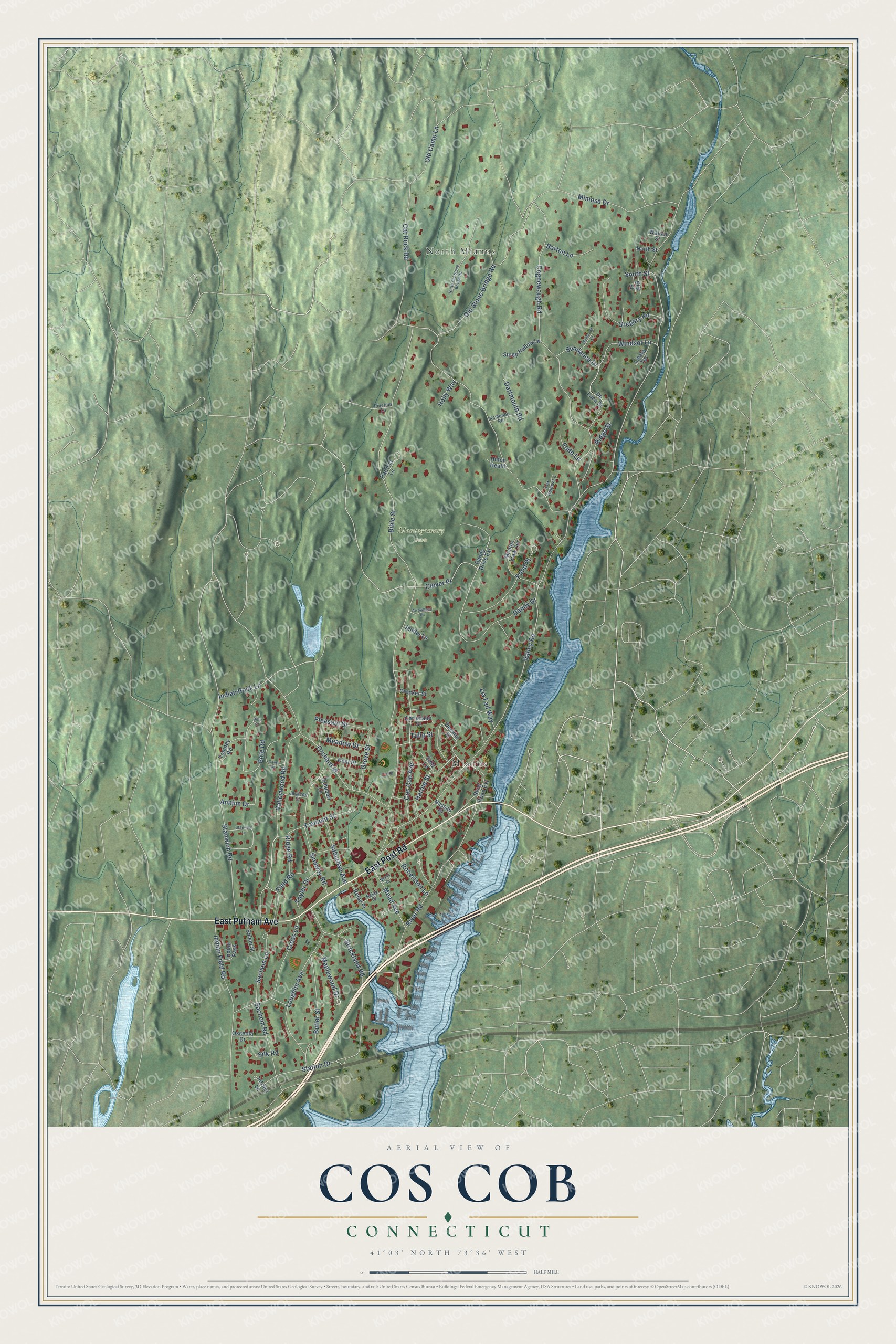 Full map of Cos Cob, Connecticut, with red buildings, printed street names and the land around them