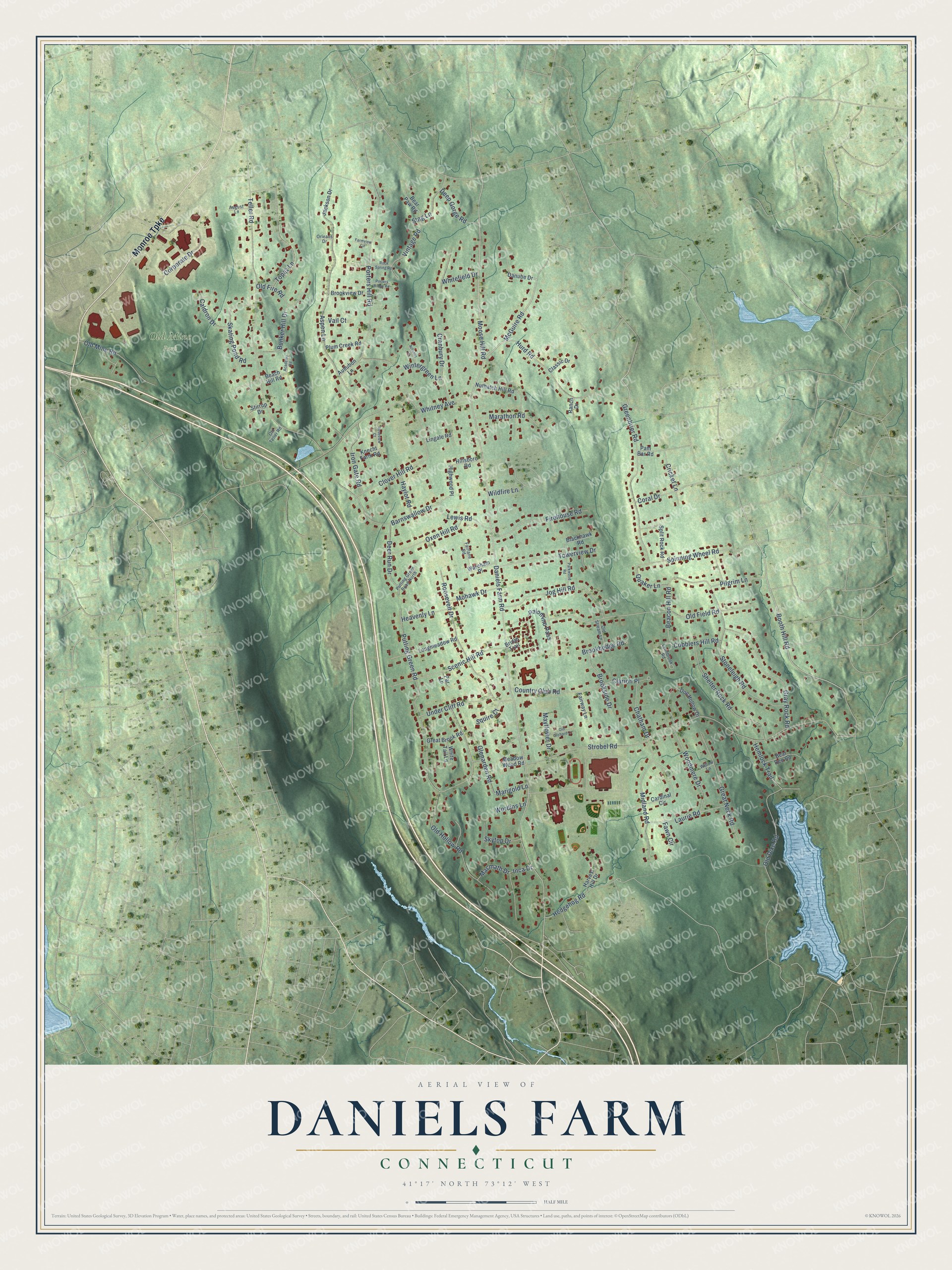 Full map of Daniels Farm, Connecticut, with red buildings, printed street names and the land around them