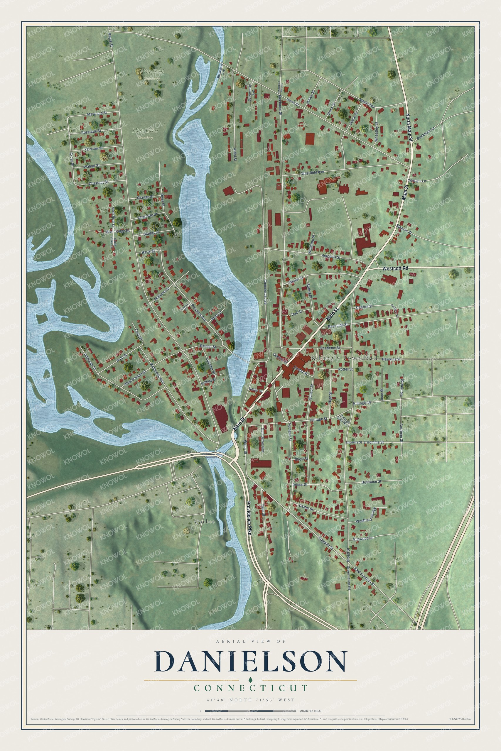 Full map of Danielson, Connecticut, with red buildings, printed street names and the land around them