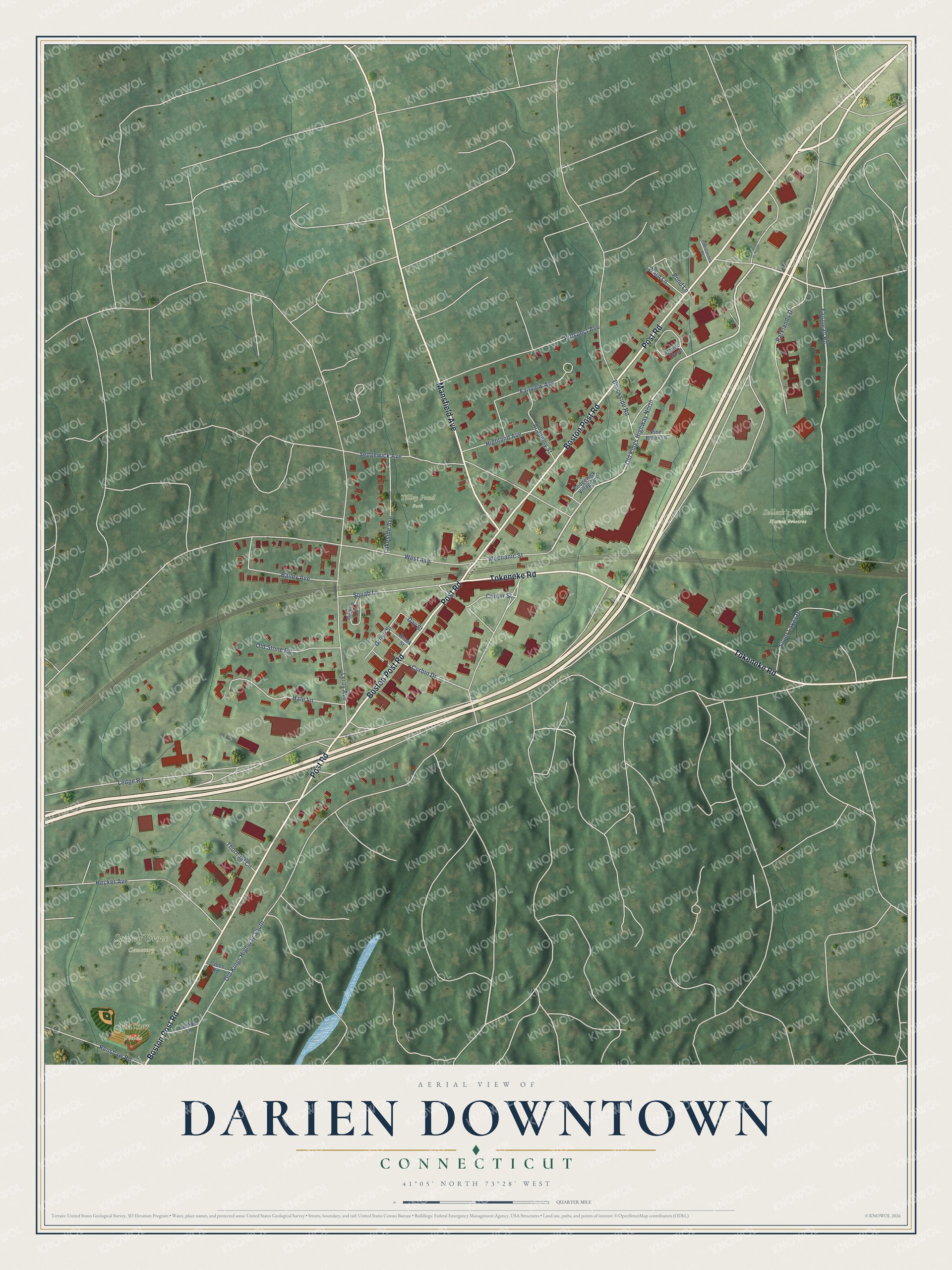 Full map of Darien Downtown, Connecticut, with red buildings, printed street names and the land around them