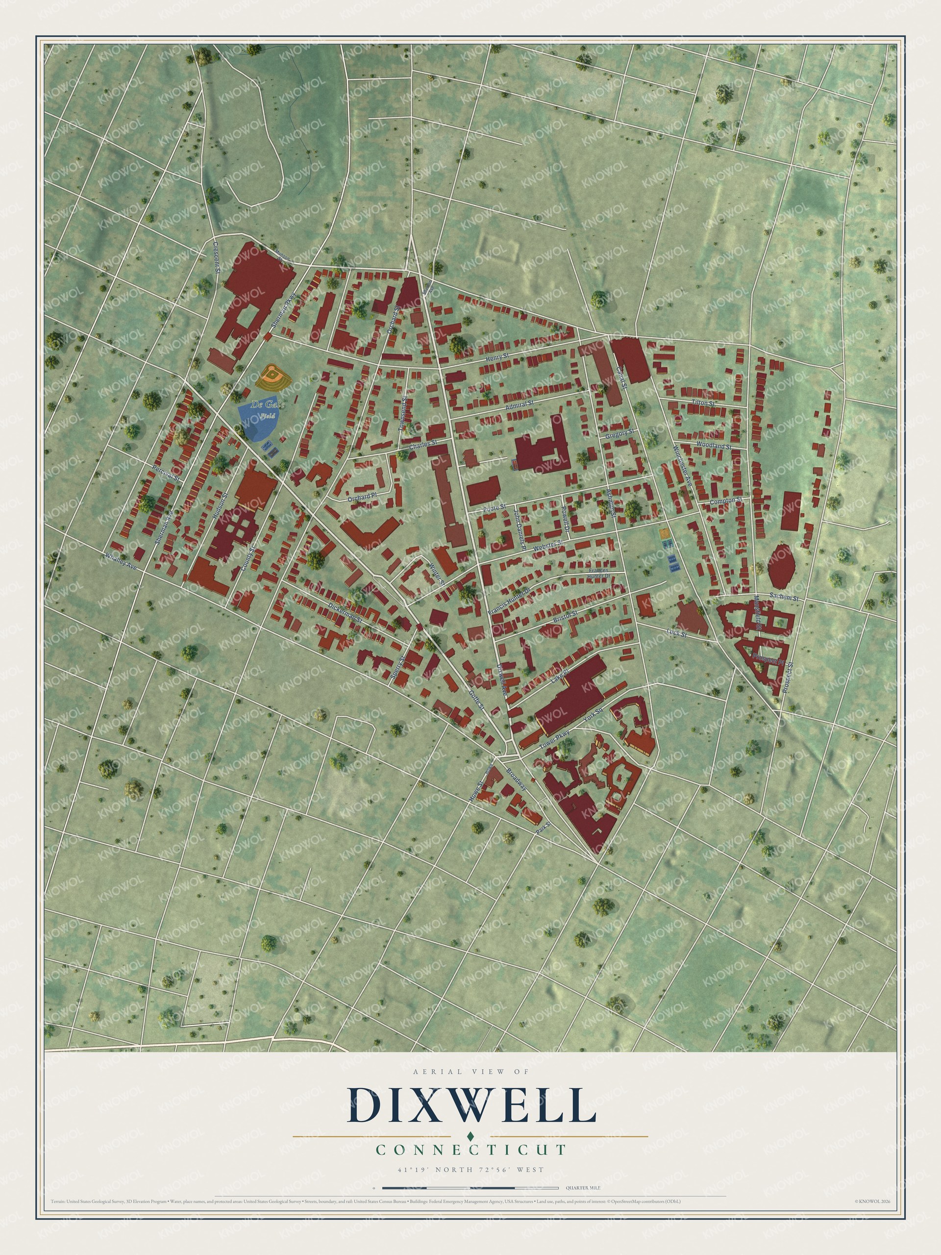 Full map of Dixwell, Connecticut, with red buildings, printed street names and the land around them