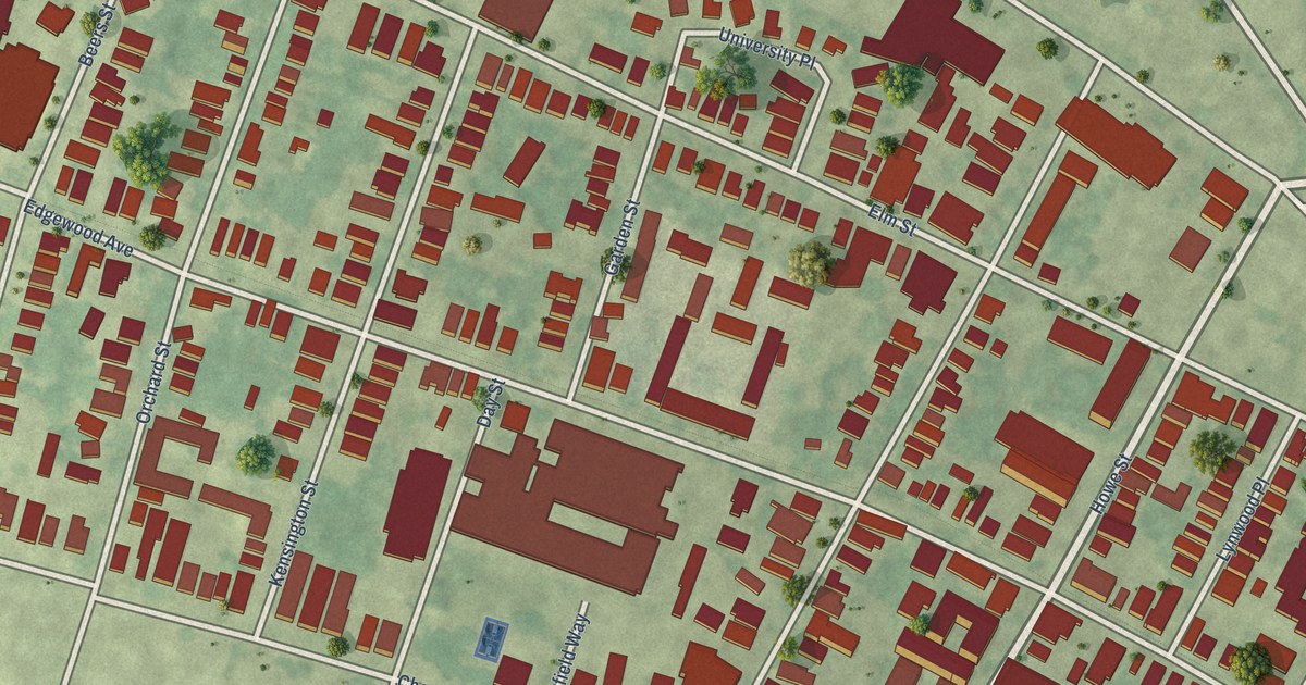 Close-up of streets and buildings in Dwight, Connecticut
