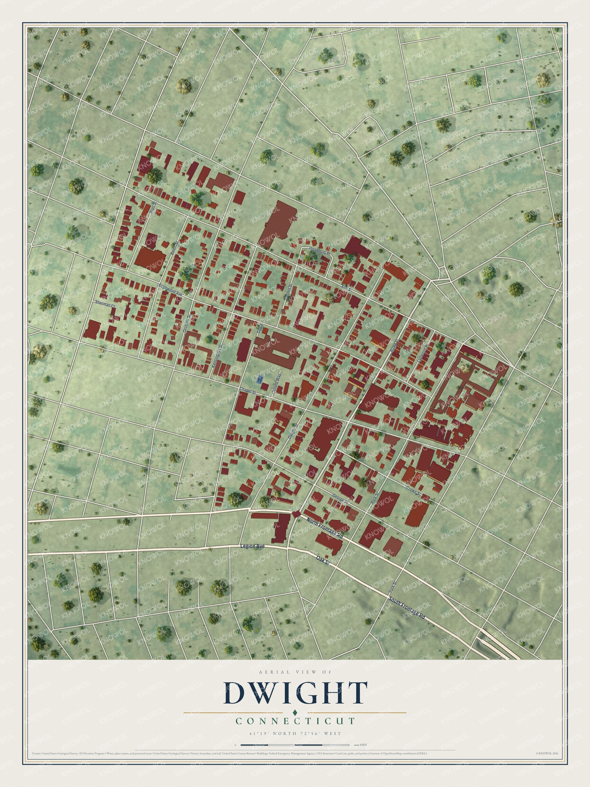 Full map of Dwight, Connecticut, with red buildings, printed street names and the land around them