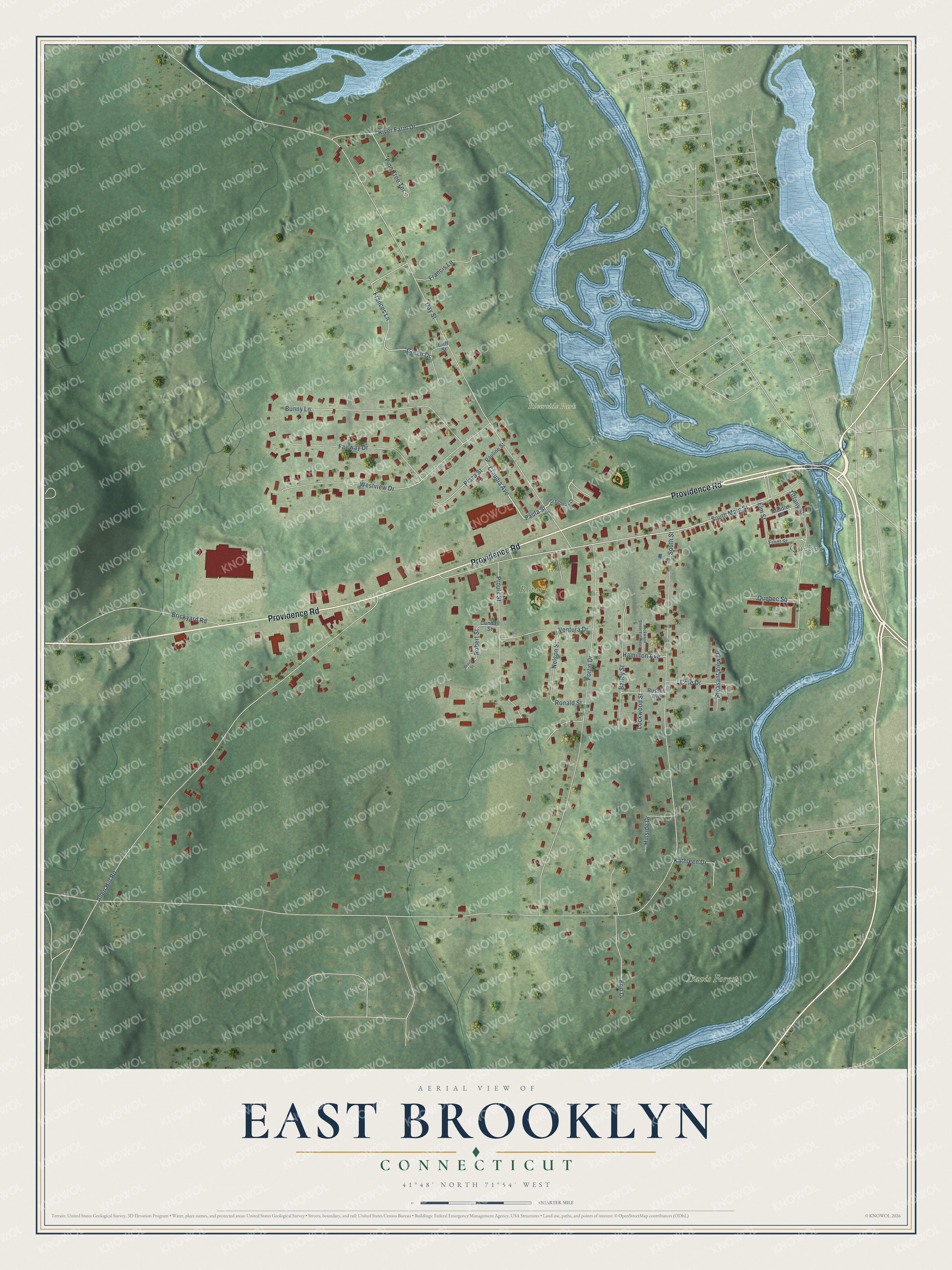 Full map of East Brooklyn, Connecticut, with red buildings, printed street names and the land around them