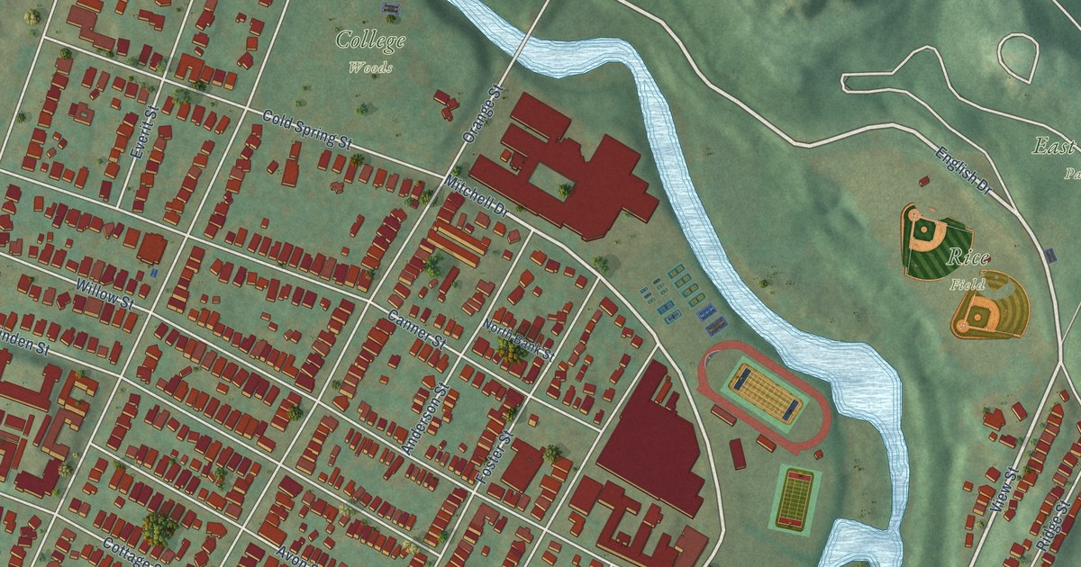 Close-up of streets and buildings in East Rock, Connecticut