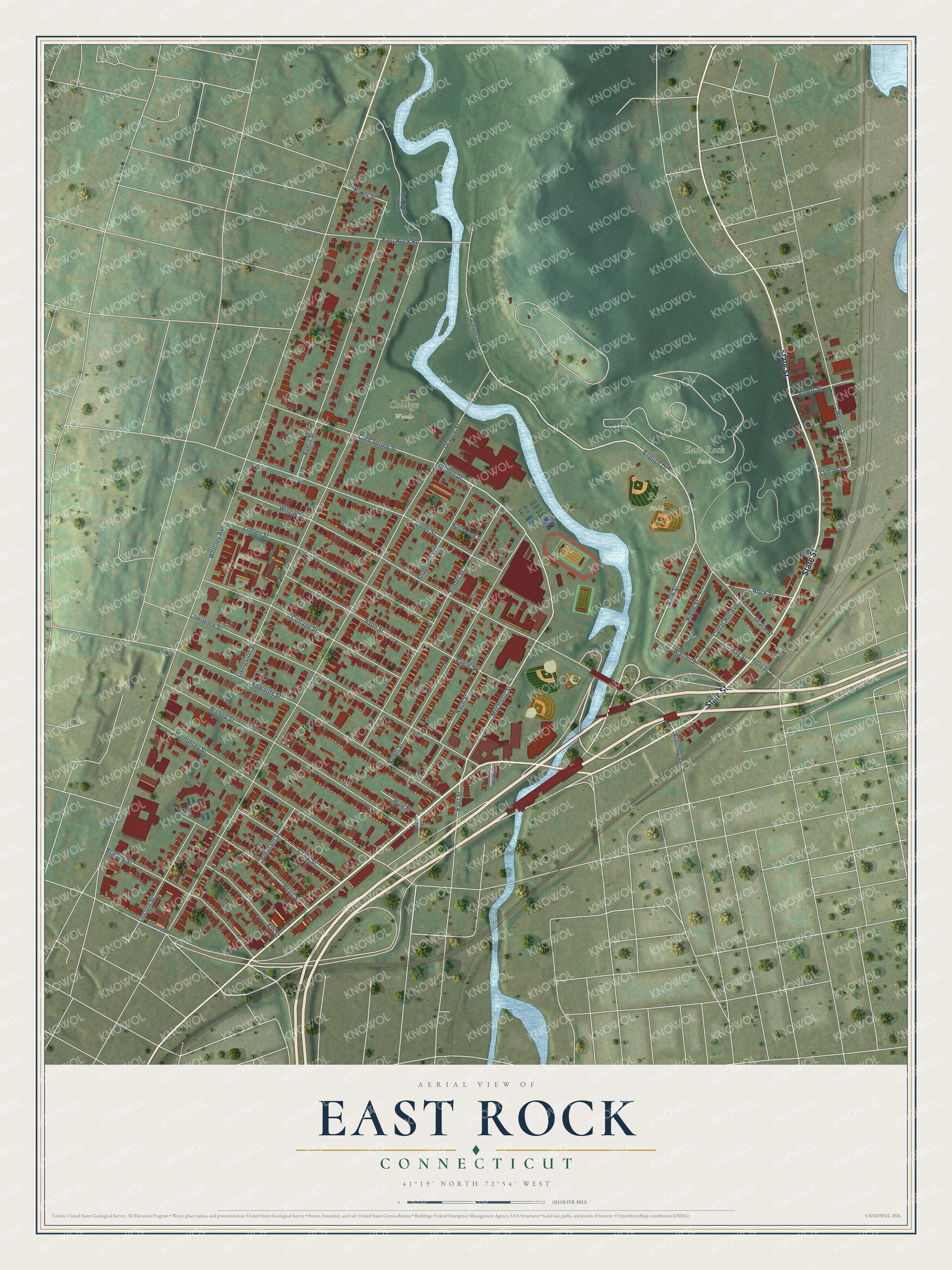 Full map of East Rock, Connecticut, with red buildings, printed street names and the land around them