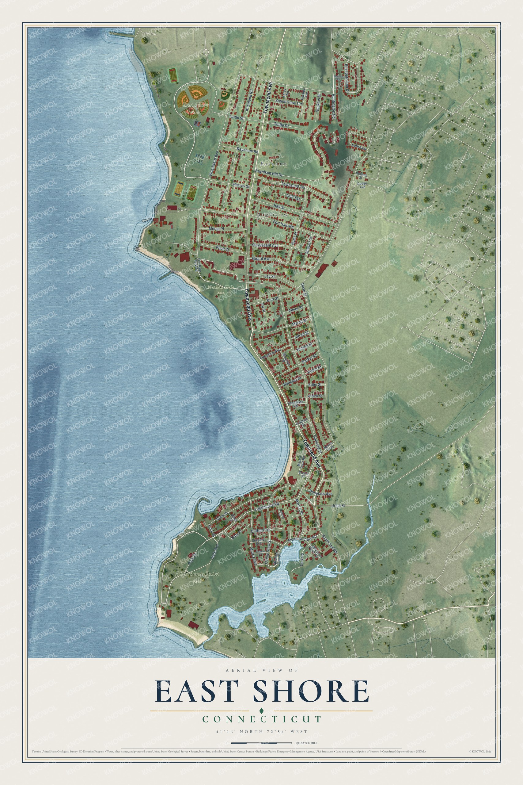 Full map of East Shore, Connecticut, with red buildings, printed street names and the land around them