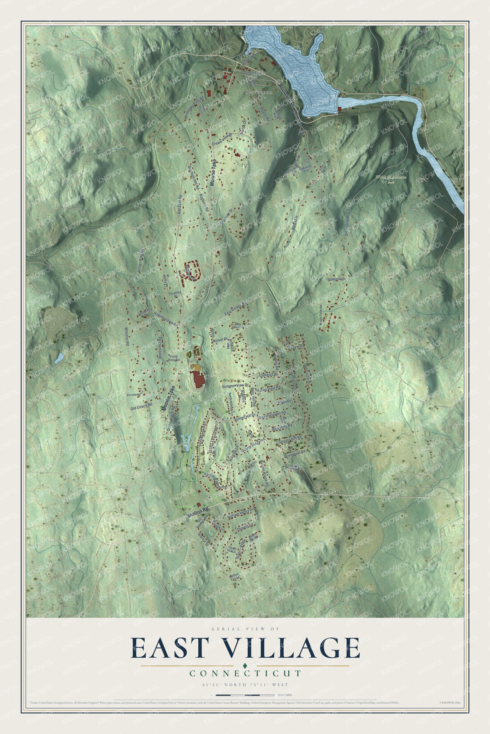 Full map of East Village, Connecticut, with red buildings, printed street names and the land around them