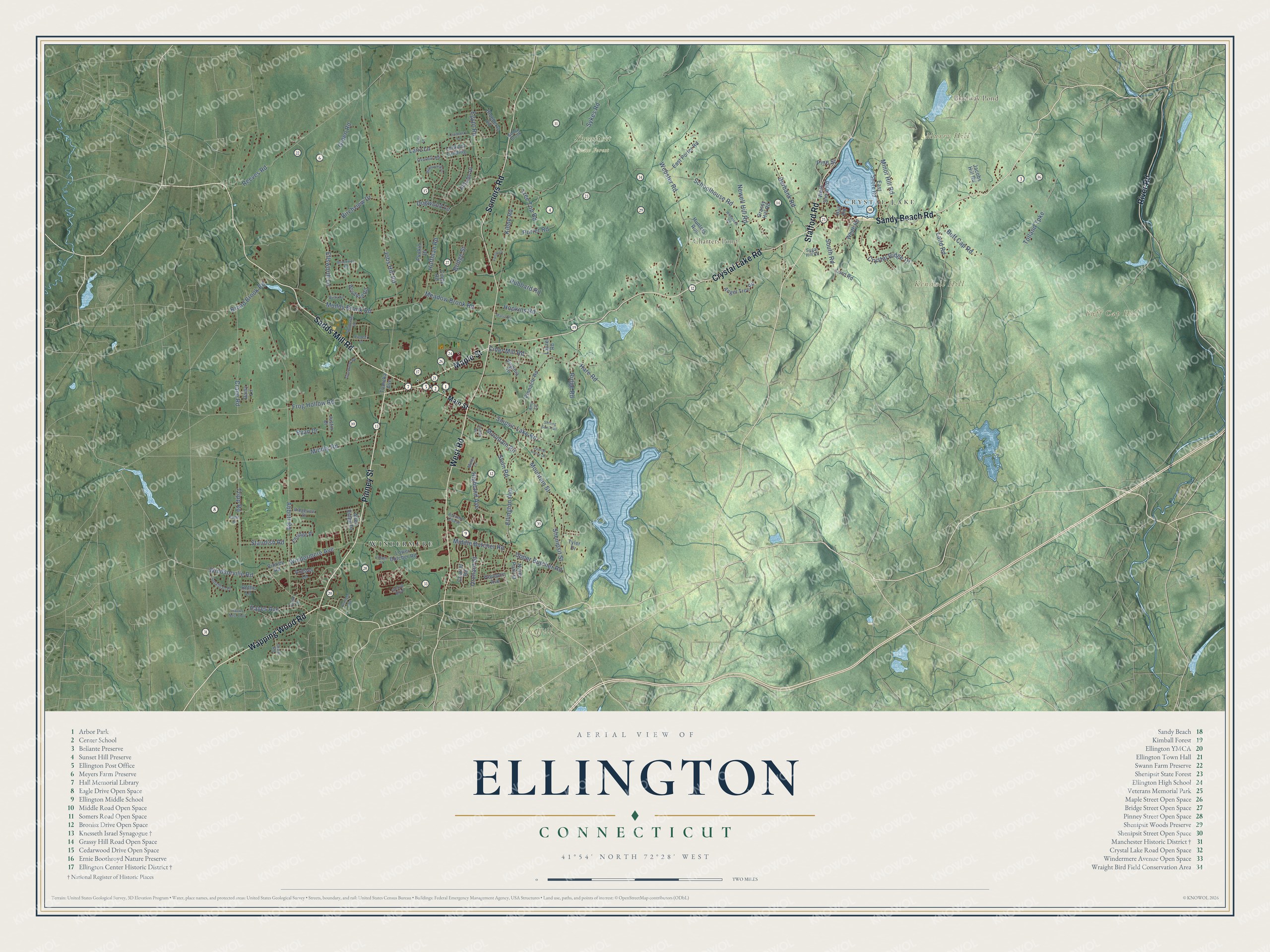 Map of Ellington, Connecticut, with Ellington Center, the town green, Crystal Lake, Shenipsit Lake and a guide of 34 numbered landmarks