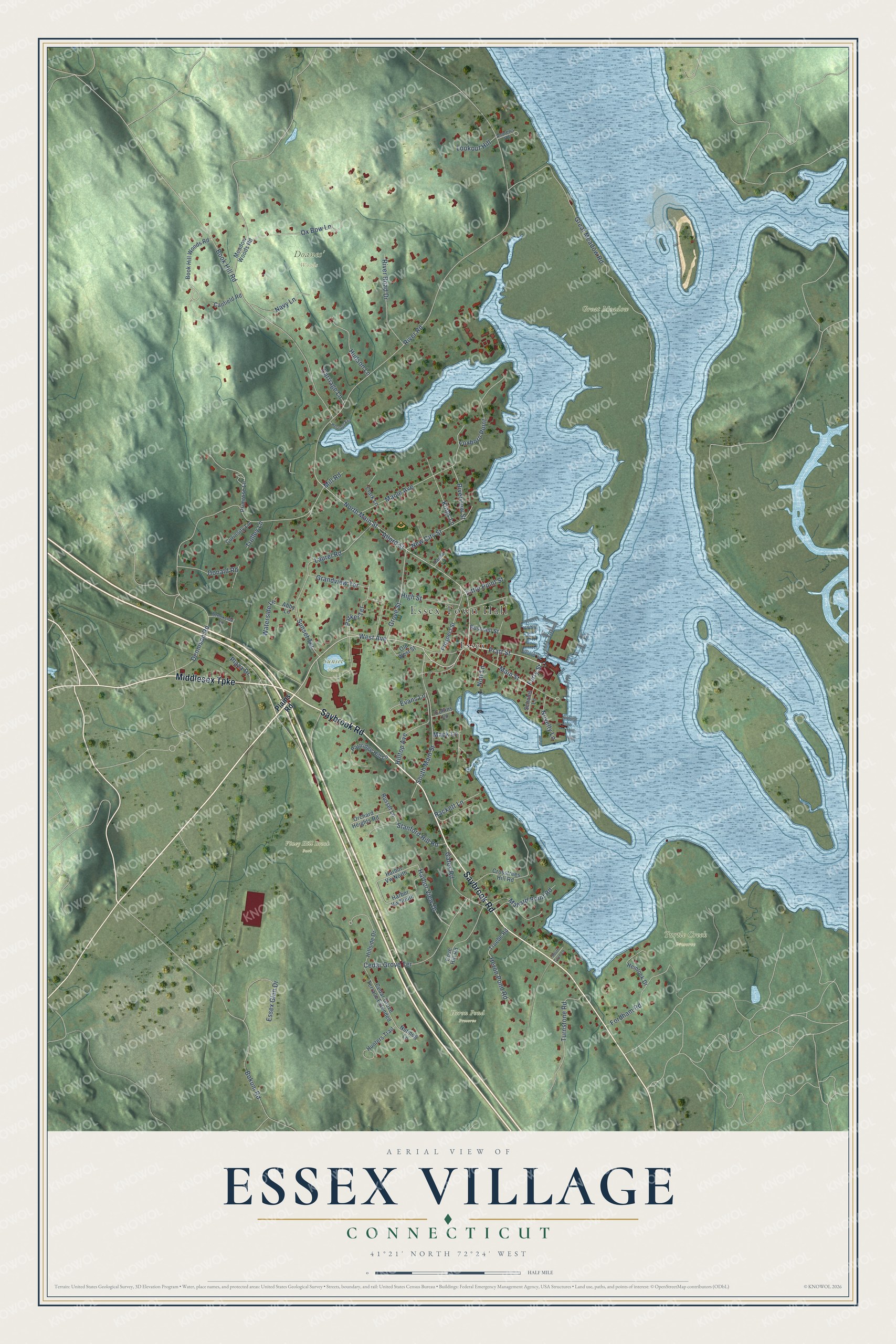 Full map of Essex Village, Connecticut, with red buildings, printed street names and the land around them