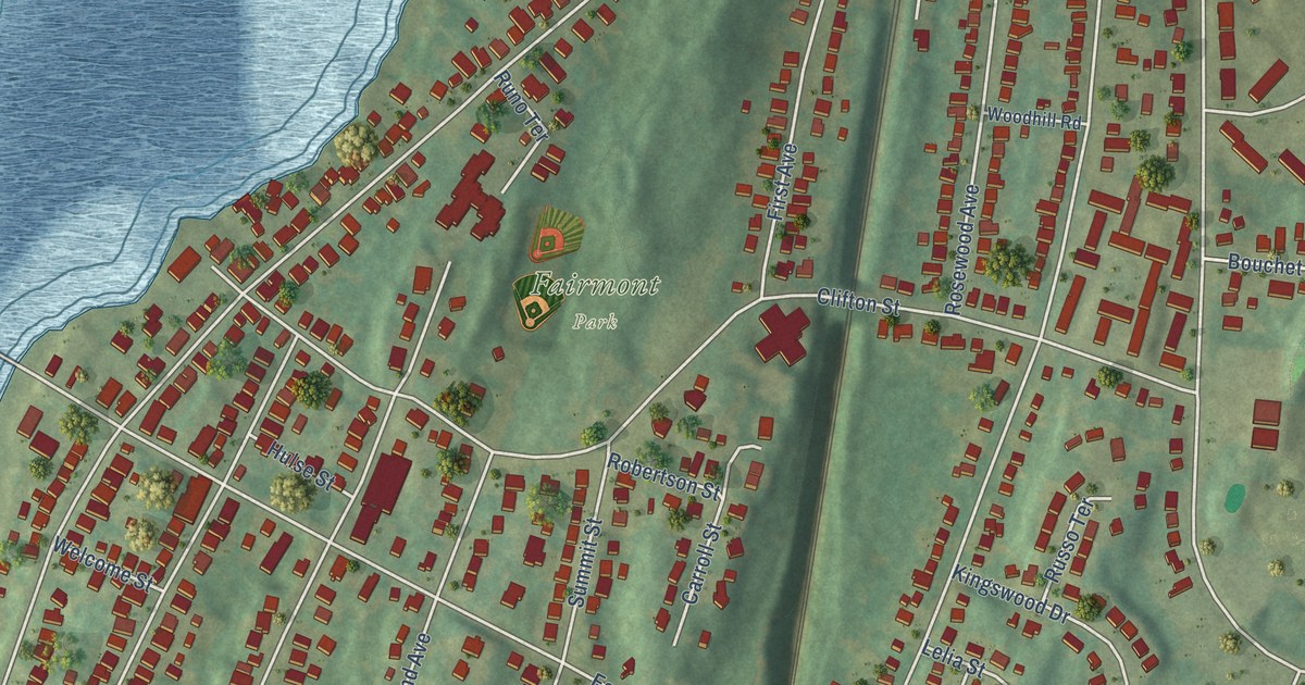 Close-up of streets and buildings in Fair Haven Heights, Connecticut