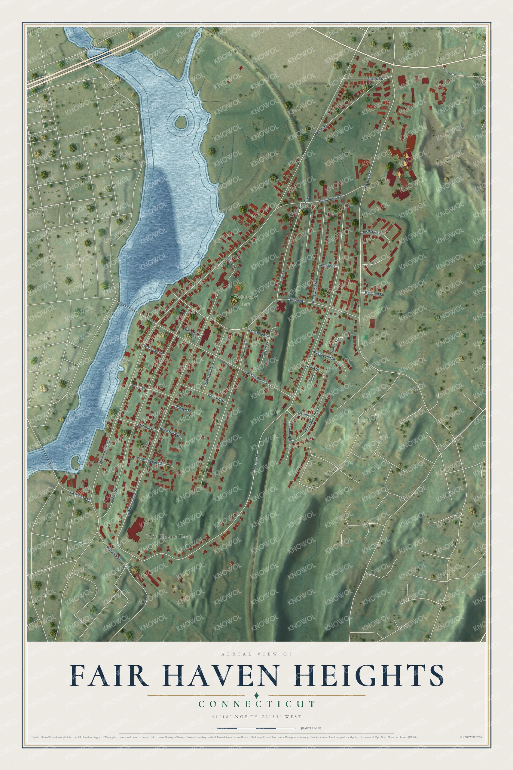 Full map of Fair Haven Heights, Connecticut, with red buildings, printed street names and the land around them