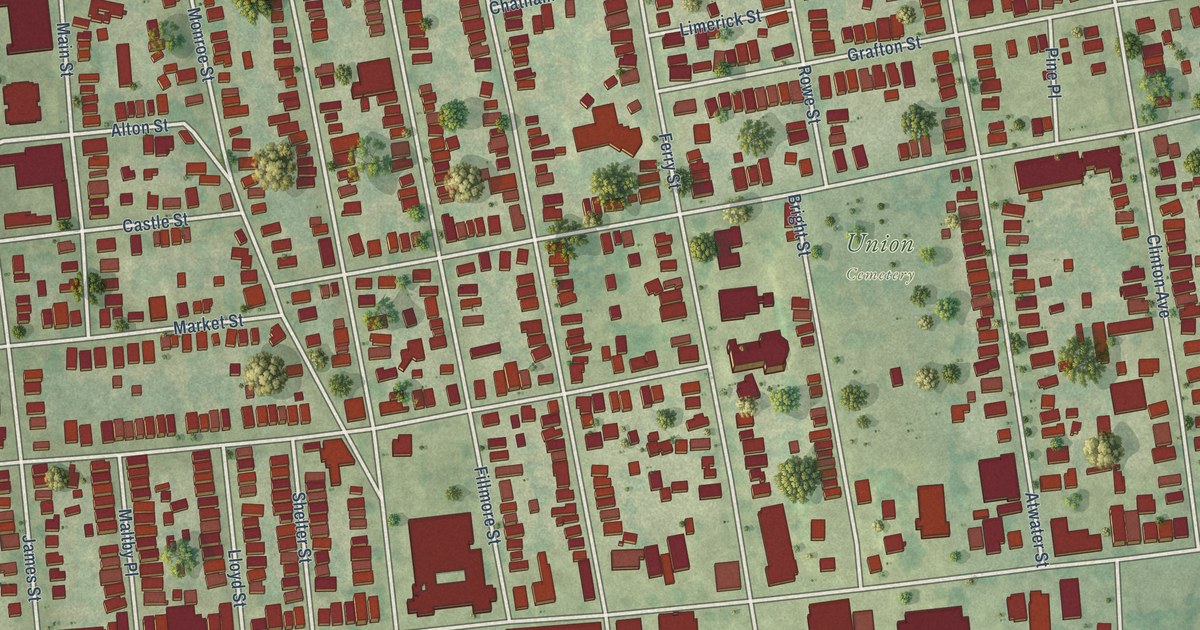 Close-up of streets and buildings in Fair Haven, Connecticut