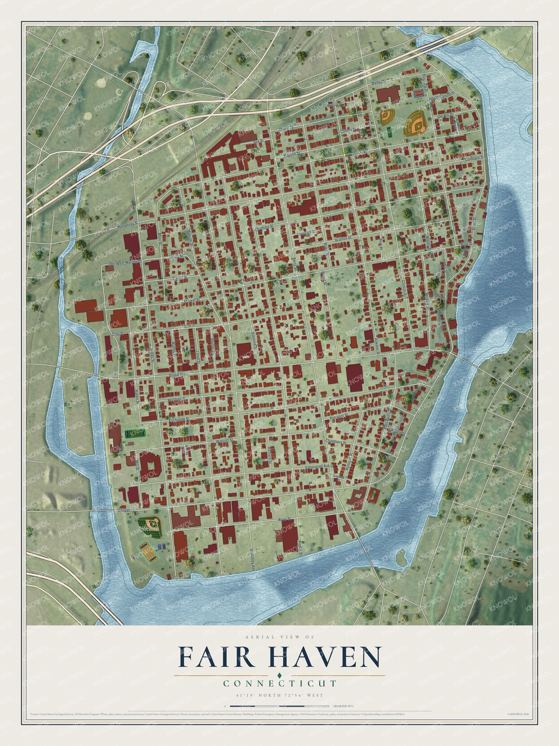 Full map of Fair Haven, Connecticut, with red buildings, printed street names and the land around them