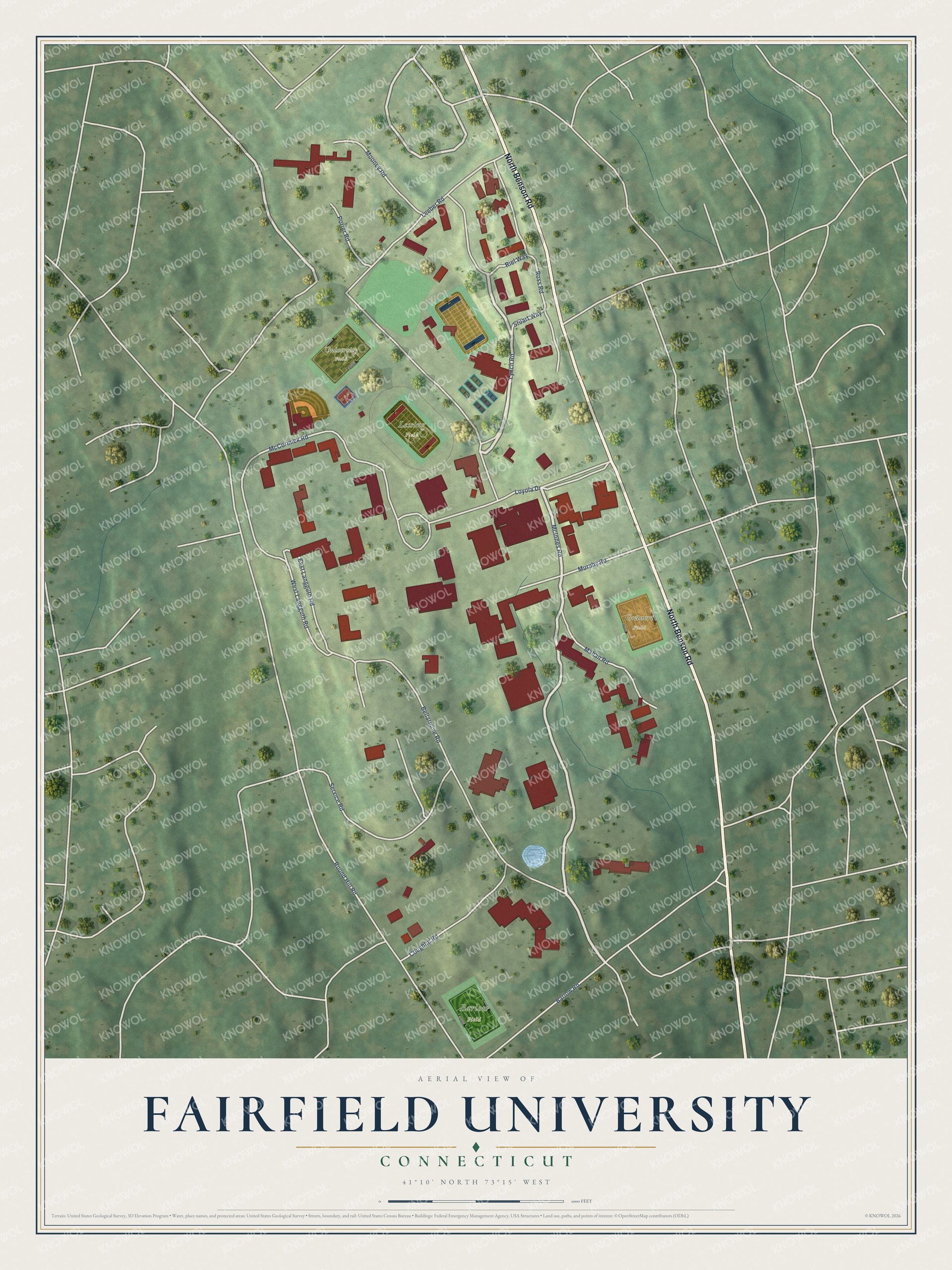 Full map of Fairfield University, Connecticut, with red buildings, printed street names and the land around them