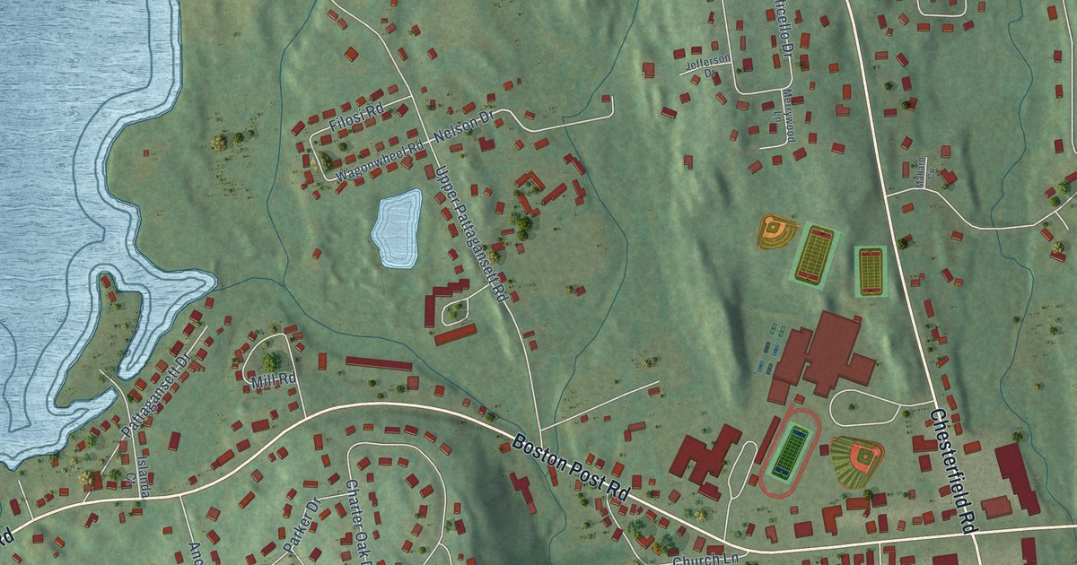 Close-up of streets and buildings in Flanders, Connecticut