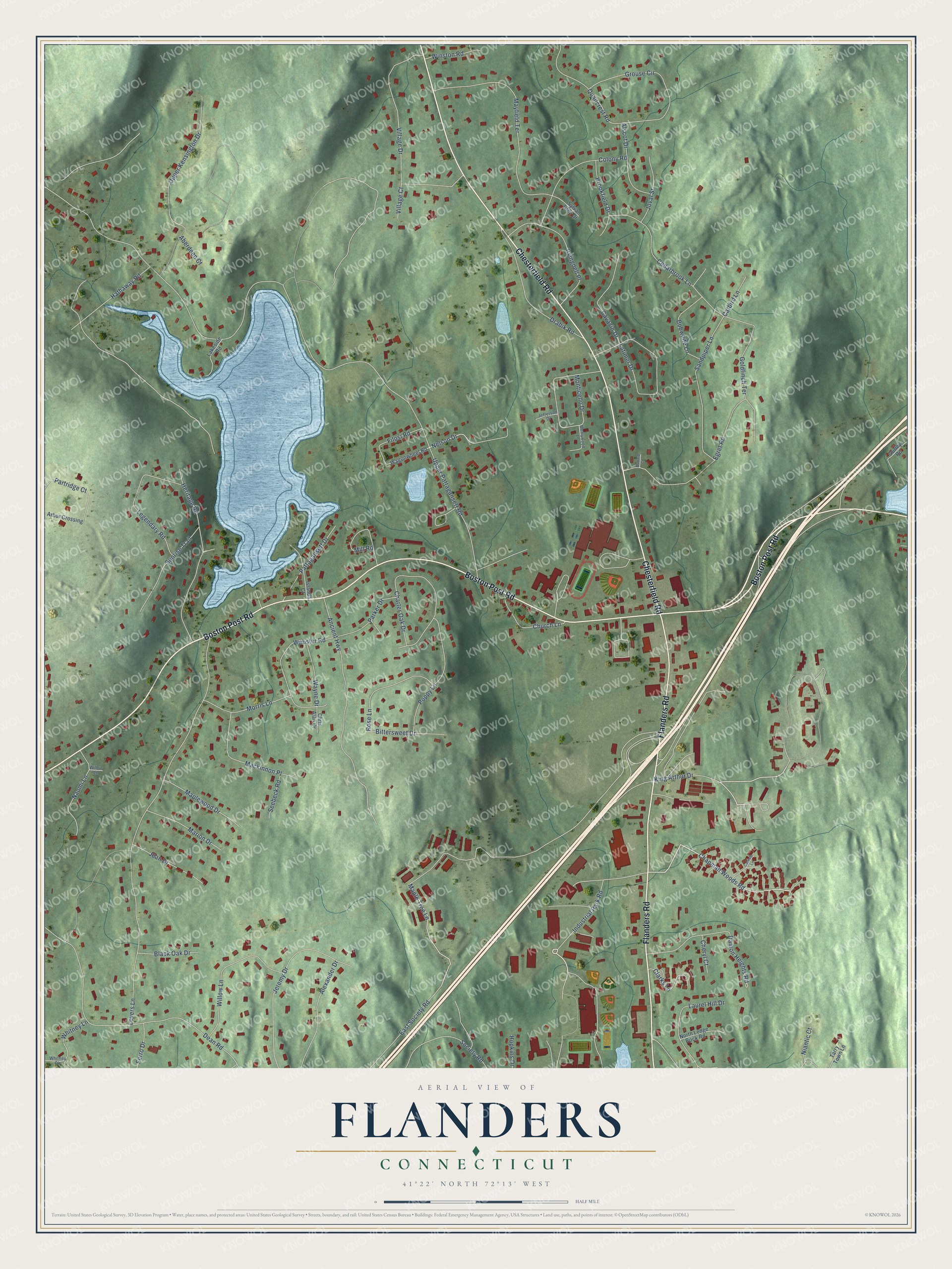 Full map of Flanders, Connecticut, with red buildings, printed street names and the land around them