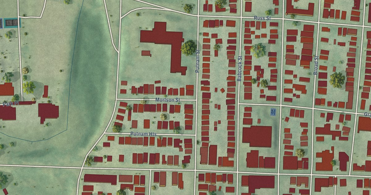 Close-up of streets and buildings in Frog Hollow, Connecticut