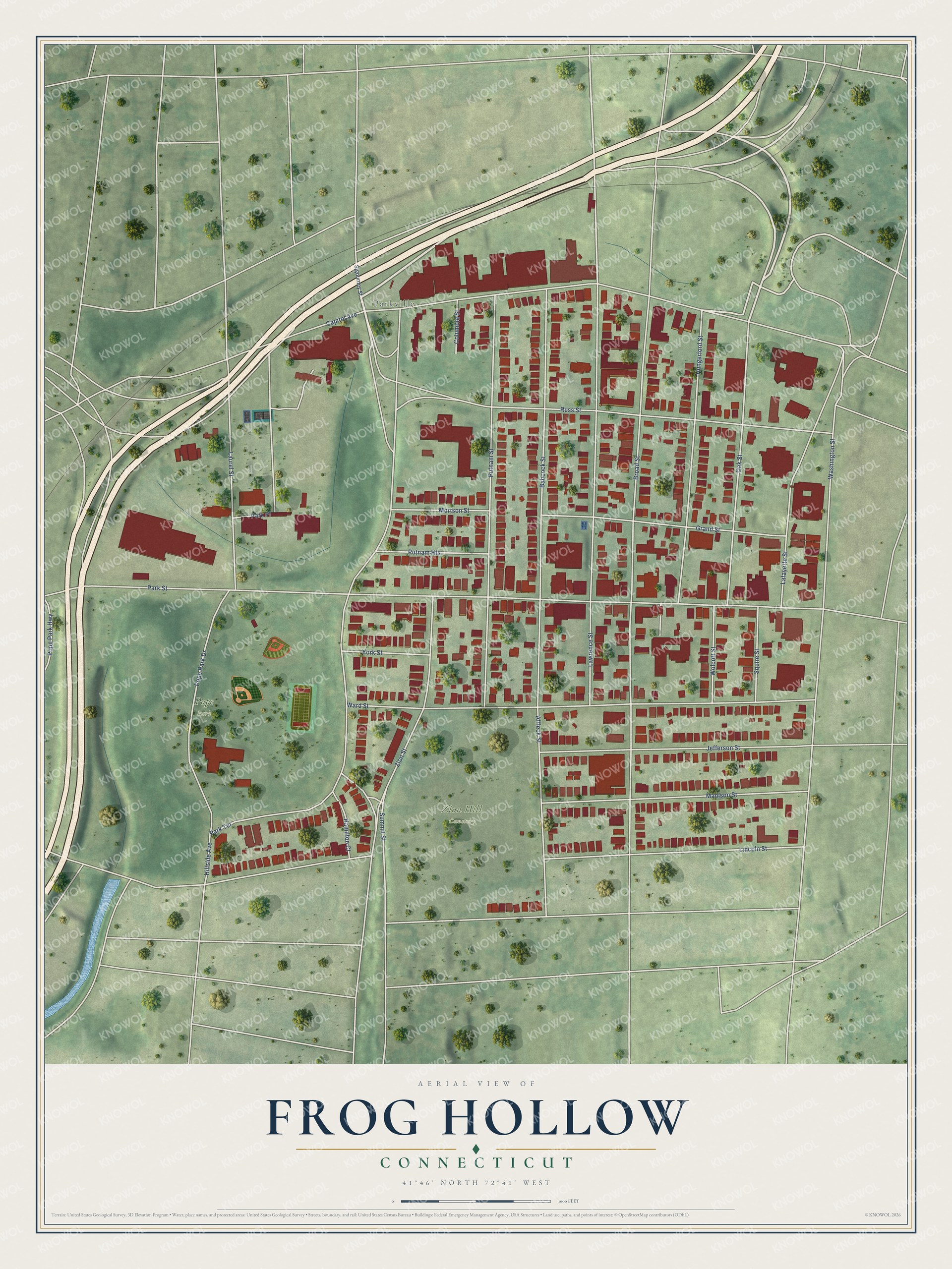 Full map of Frog Hollow, Connecticut, with red buildings, printed street names and the land around them