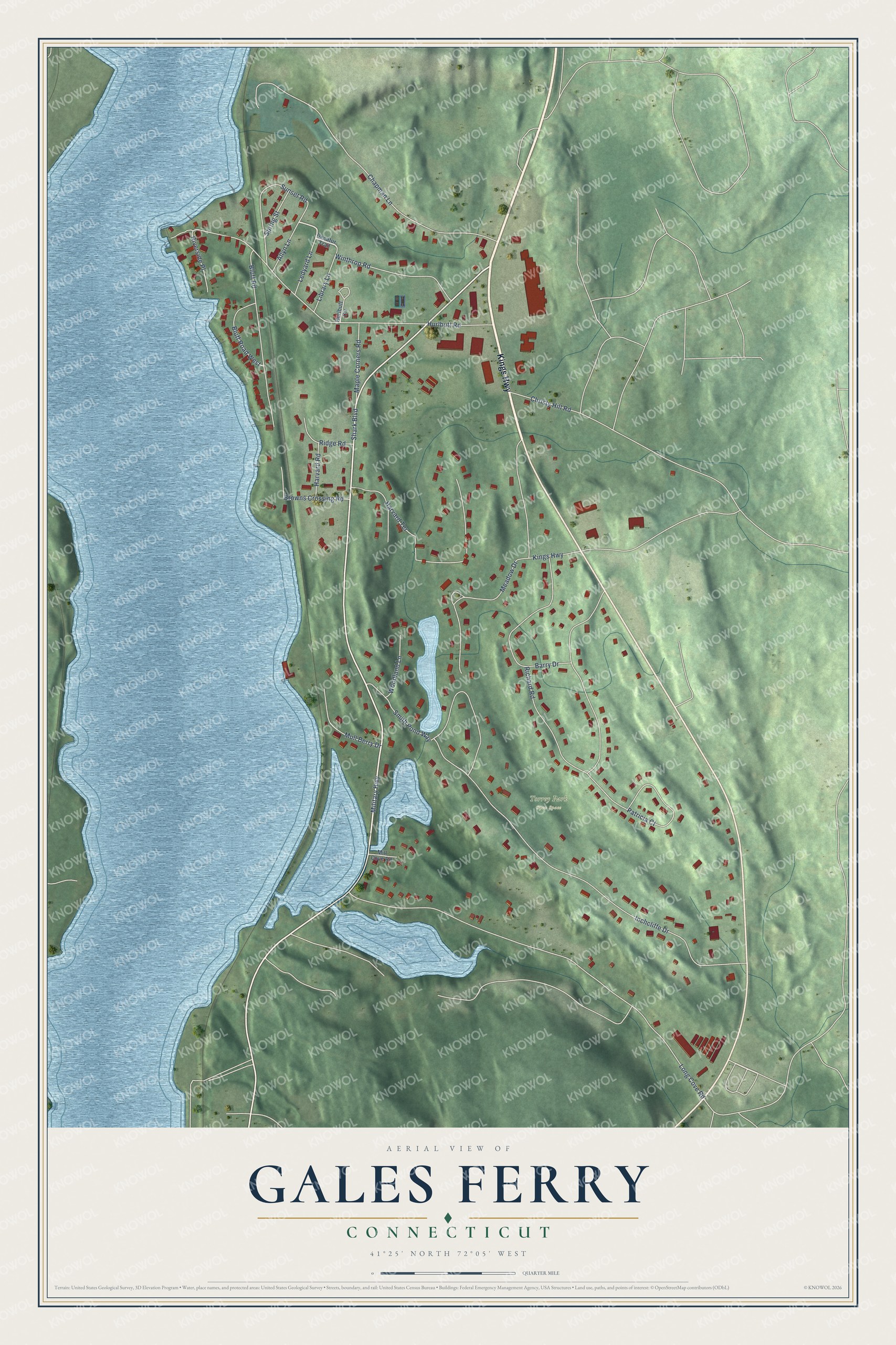 Full map of Gales Ferry, Connecticut, with red buildings, printed street names and the land around them