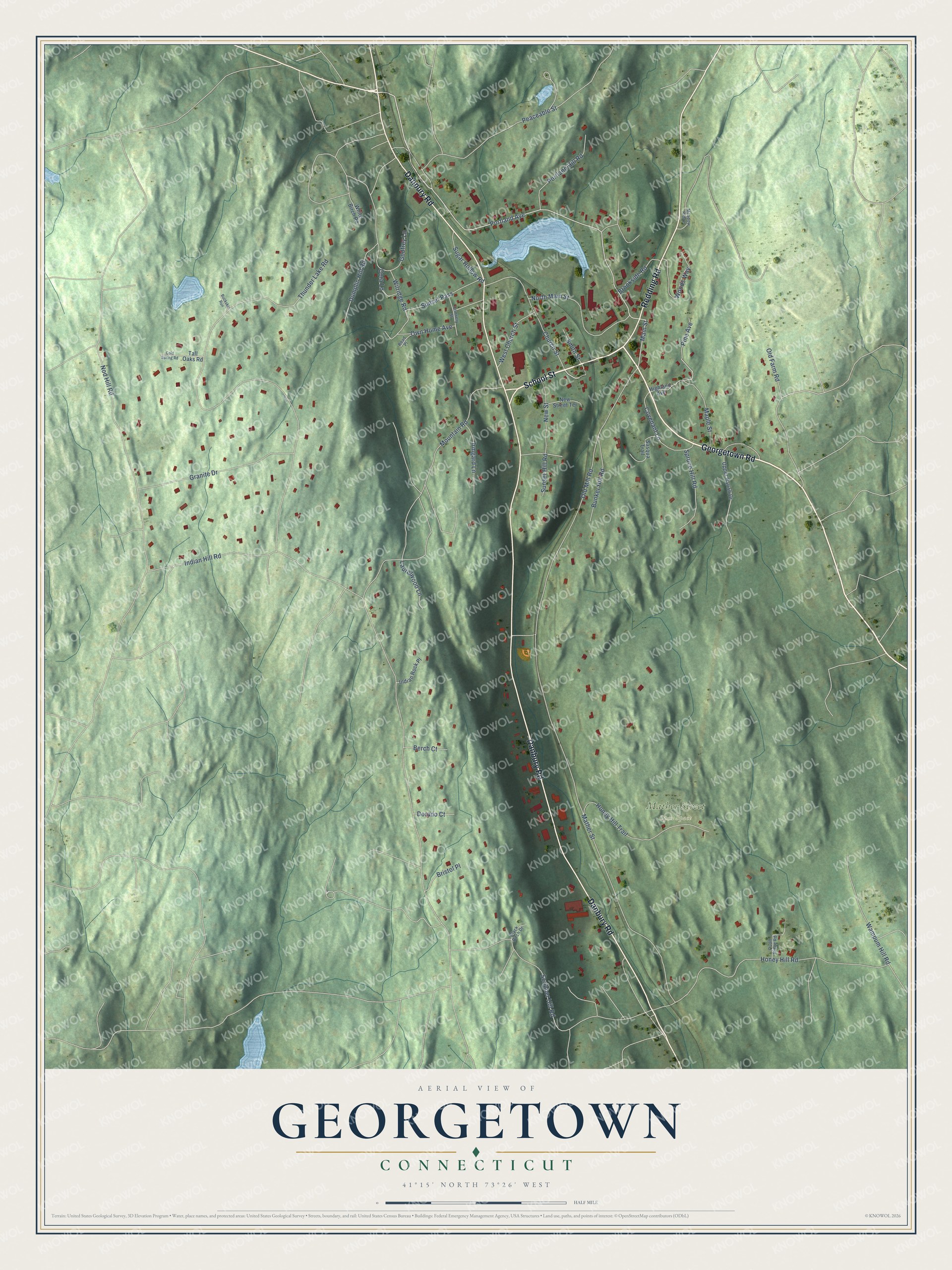 Full map of Georgetown, Connecticut, with red buildings, printed street names and the land around them