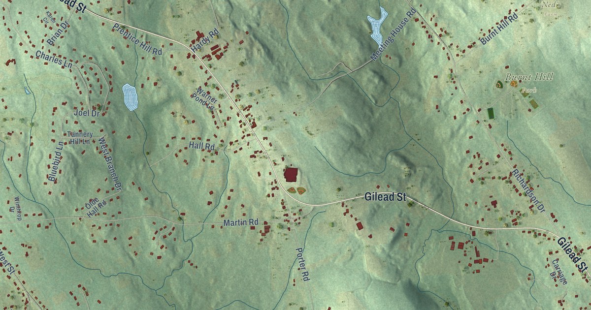 Close-up of streets and buildings in Gilead, Connecticut