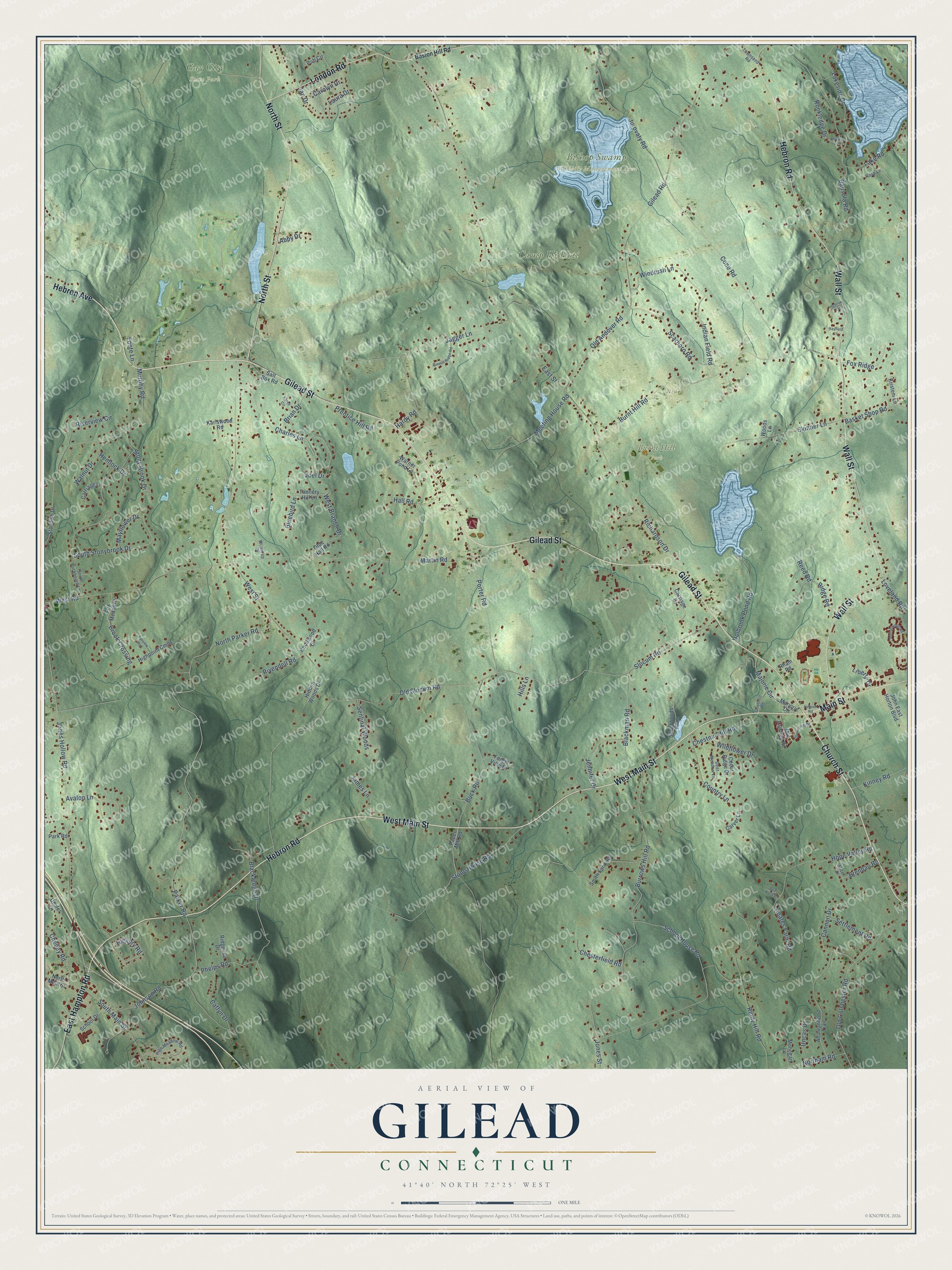 Full map of Gilead, Connecticut, with red buildings, printed street names and the land around them