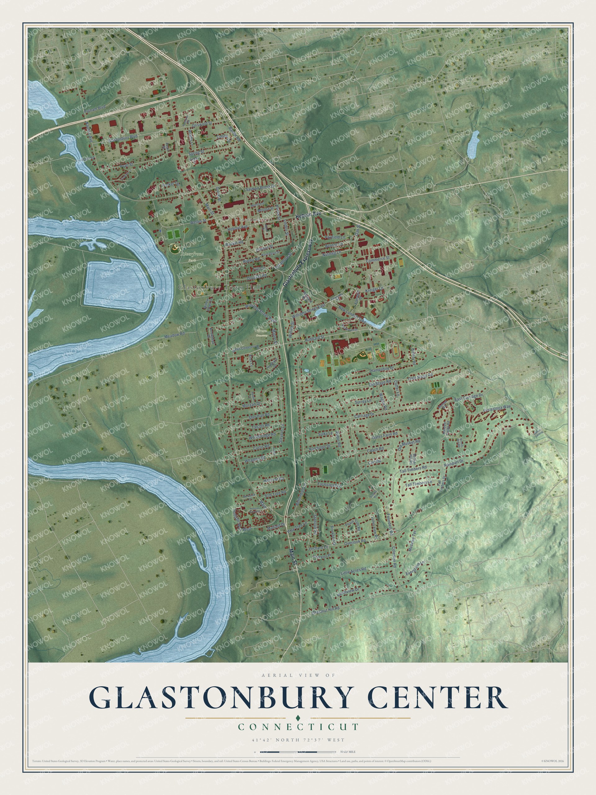 Full map of Glastonbury Center, Connecticut, with red buildings, printed street names and the land around them