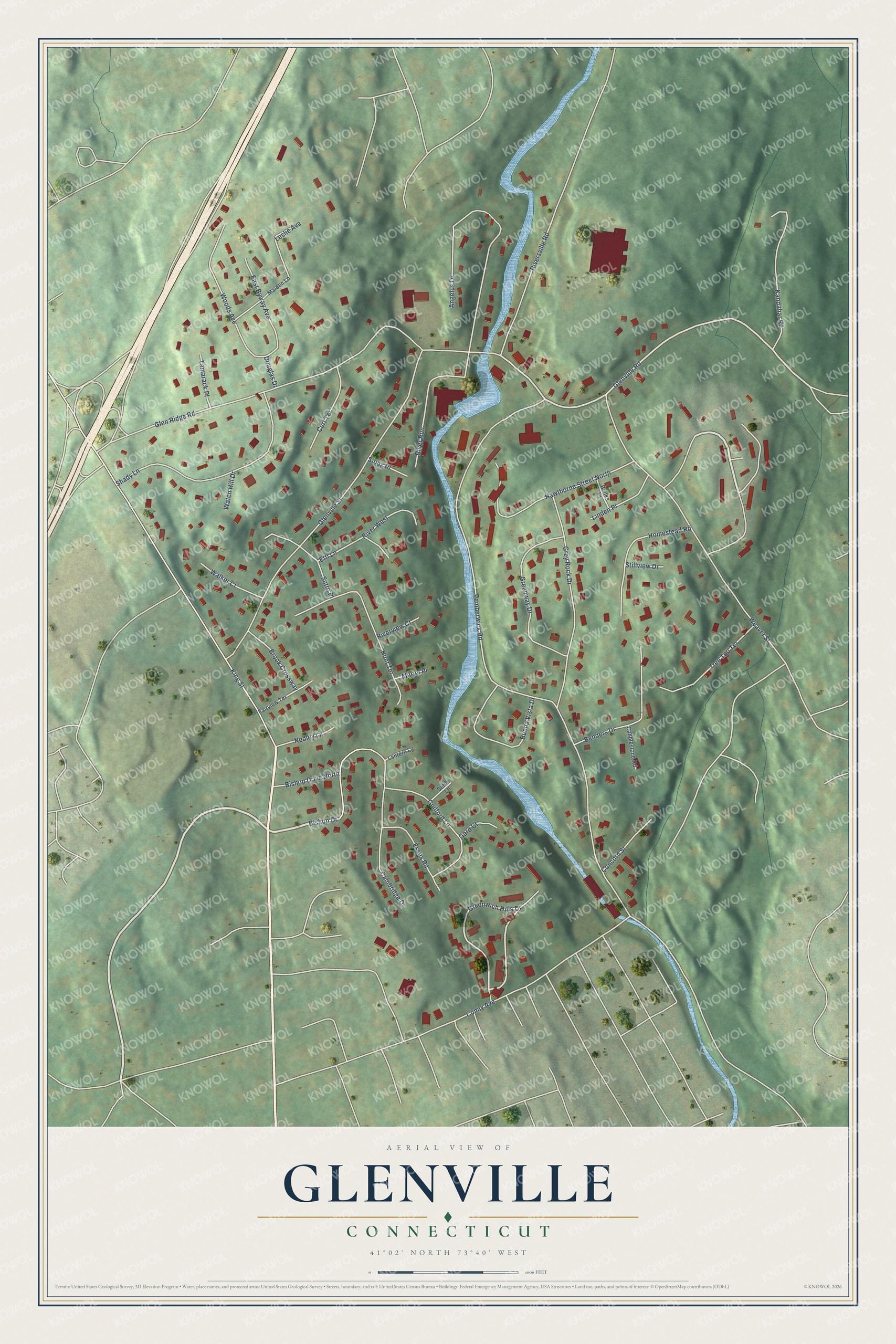 Full map of Glenville, Connecticut, with red buildings, printed street names and the land around them