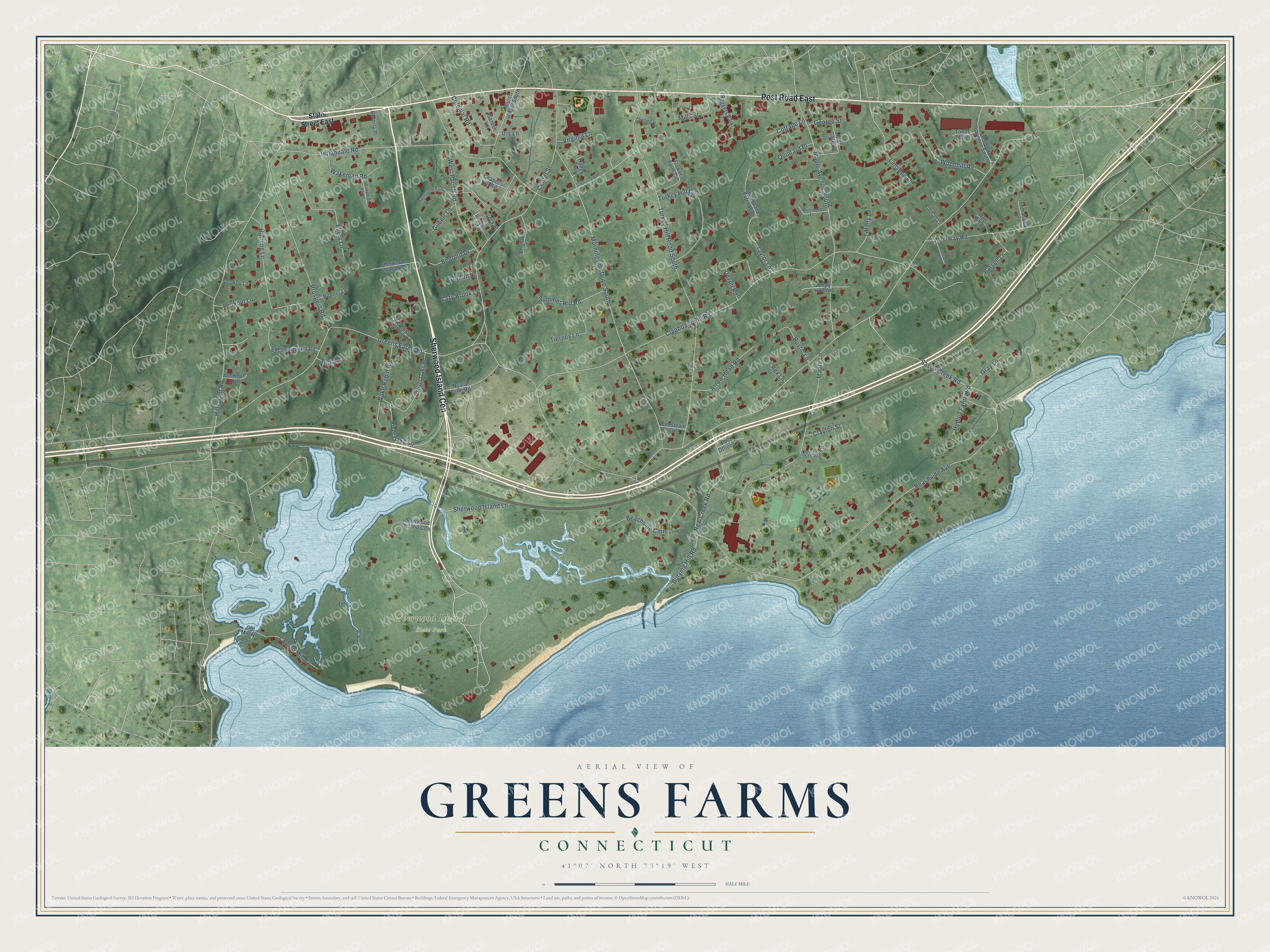 Full map of Greens Farms, Connecticut, with red buildings, printed street names and the land around them