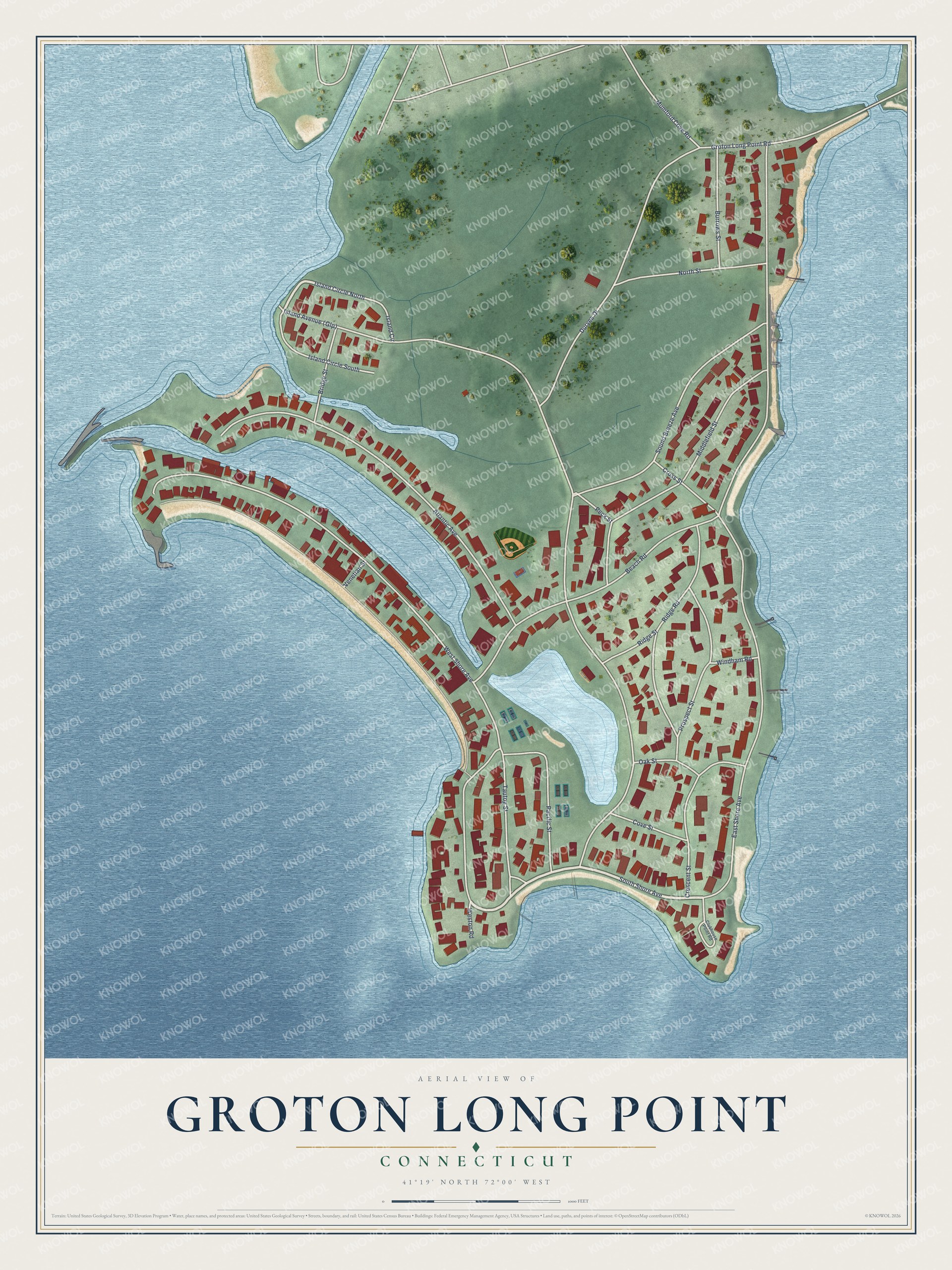 Full map of Groton Long Point, Connecticut, with red buildings, printed street names and the land around them