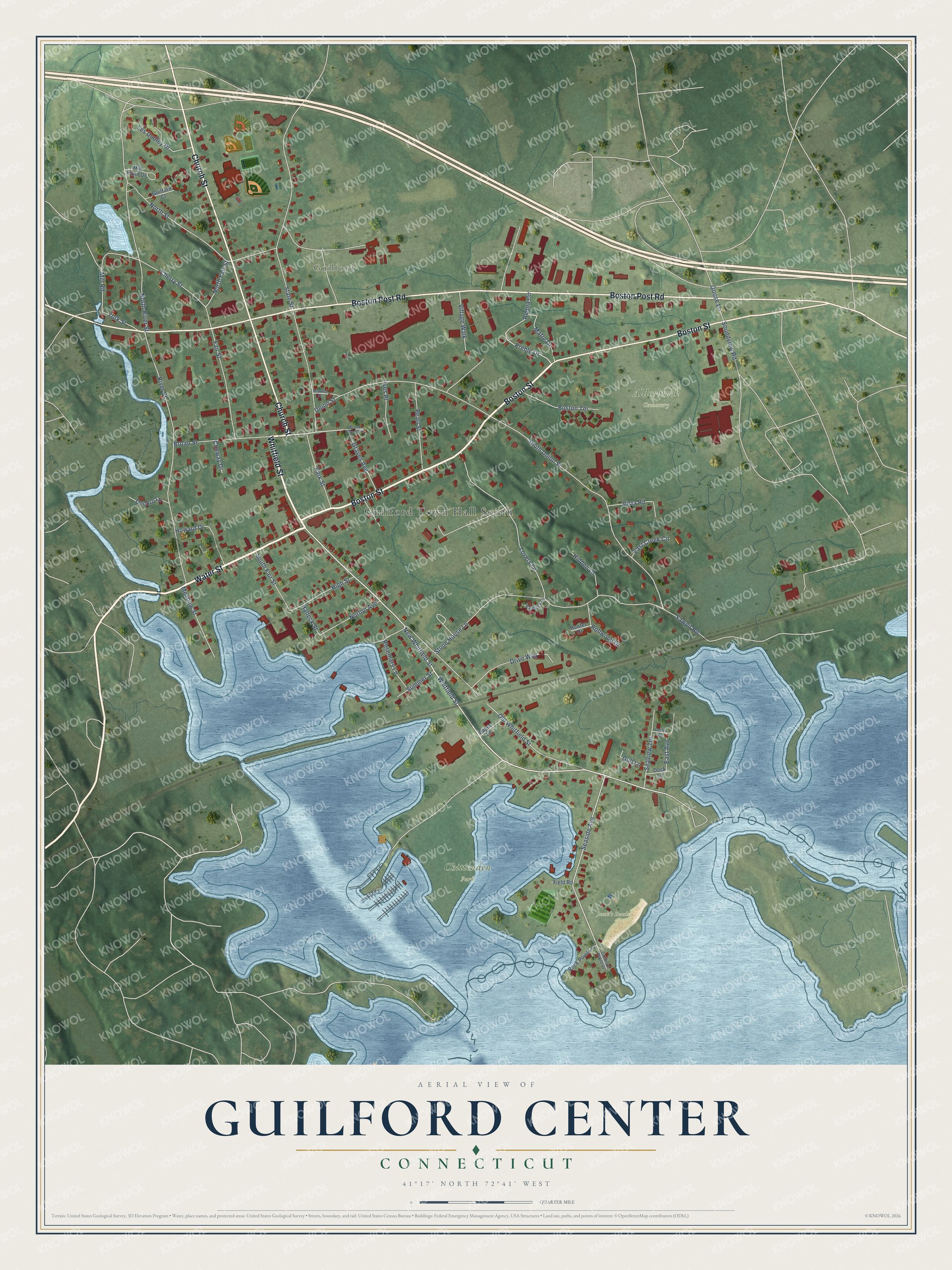 Full map of Guilford Center, Connecticut, with red buildings, printed street names and the land around them