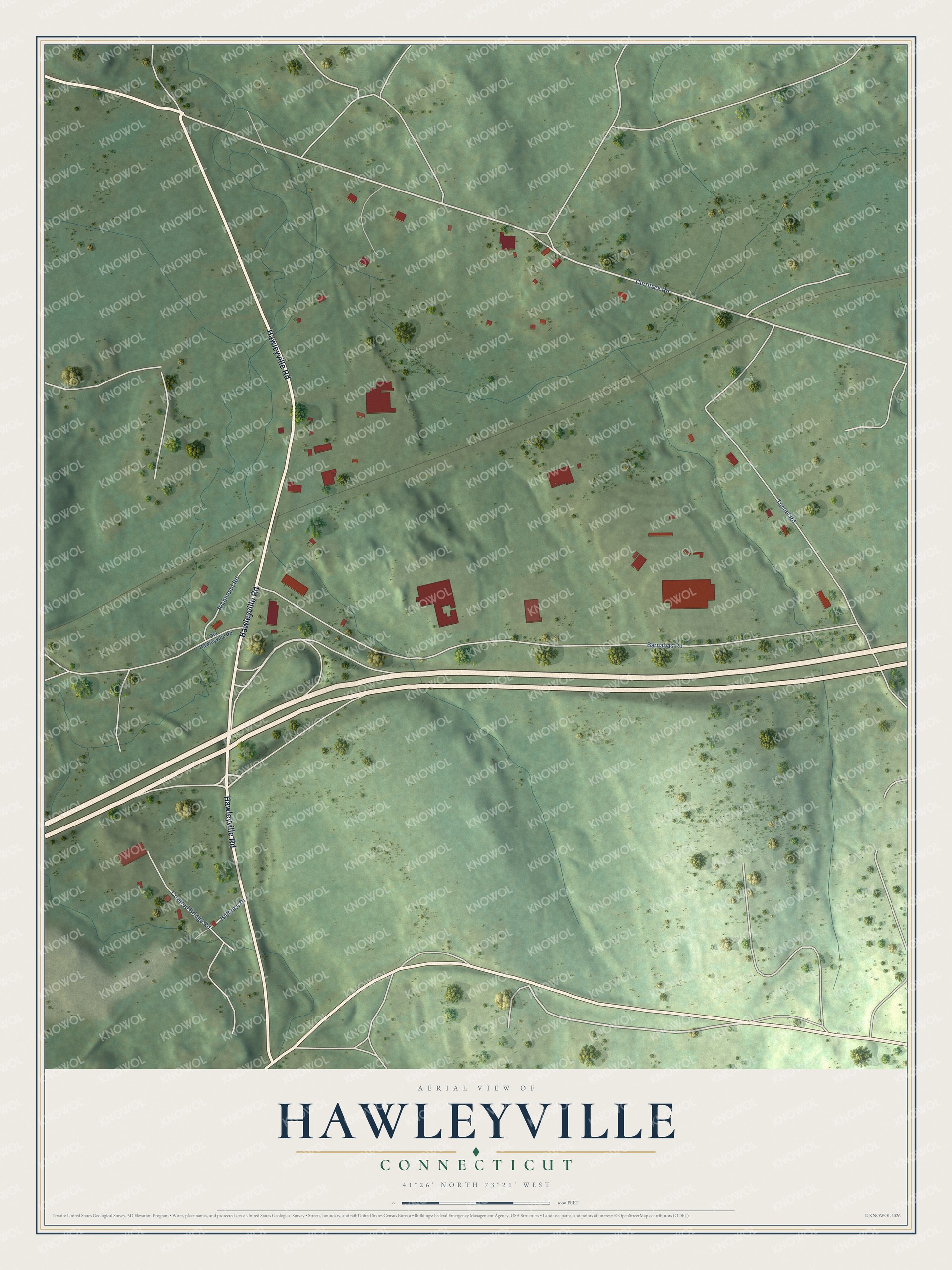 Full map of Hawleyville, Connecticut, with red buildings, printed street names and the land around them