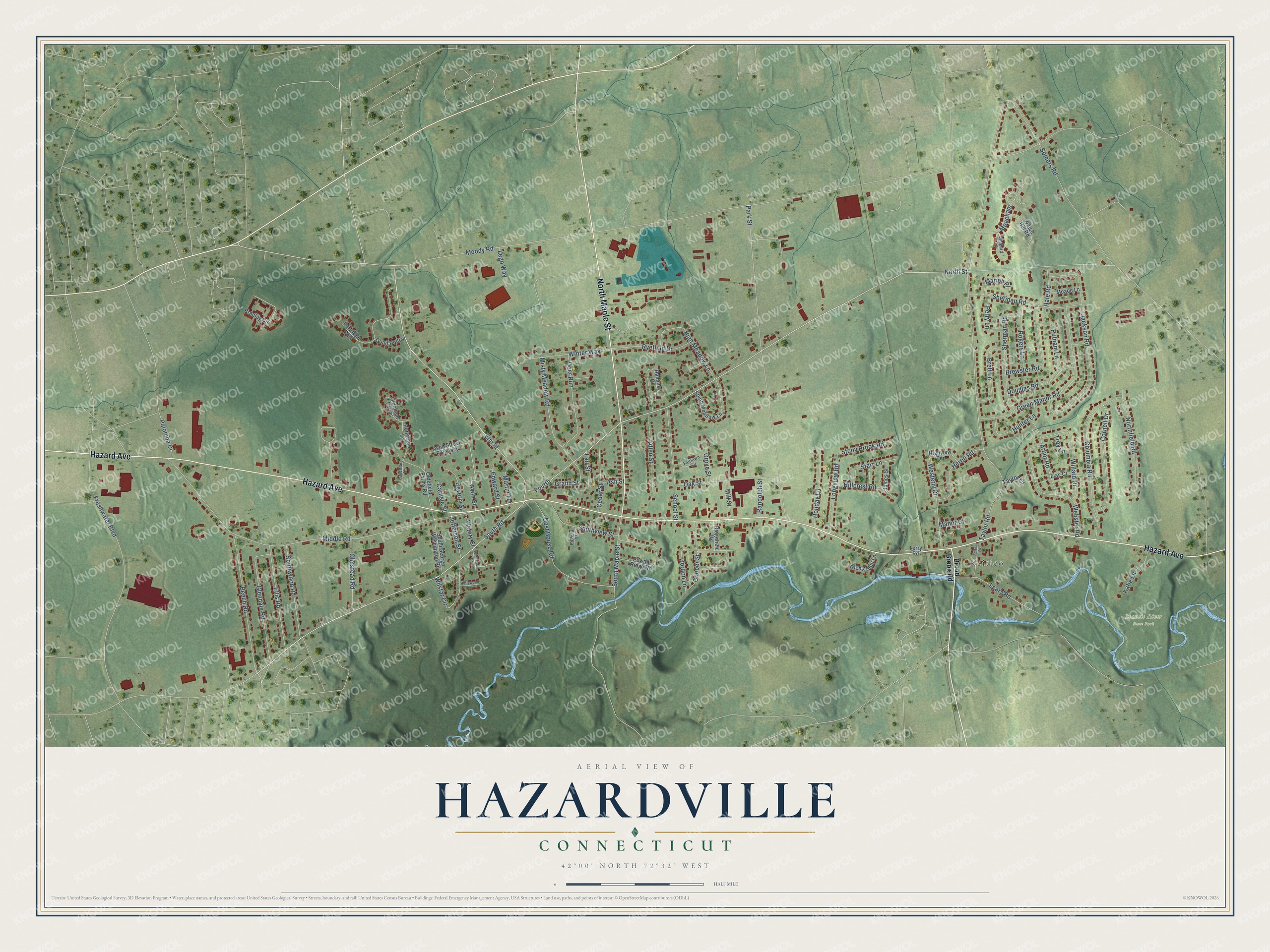 Full map of Hazardville, Connecticut, with red buildings, printed street names and the land around them