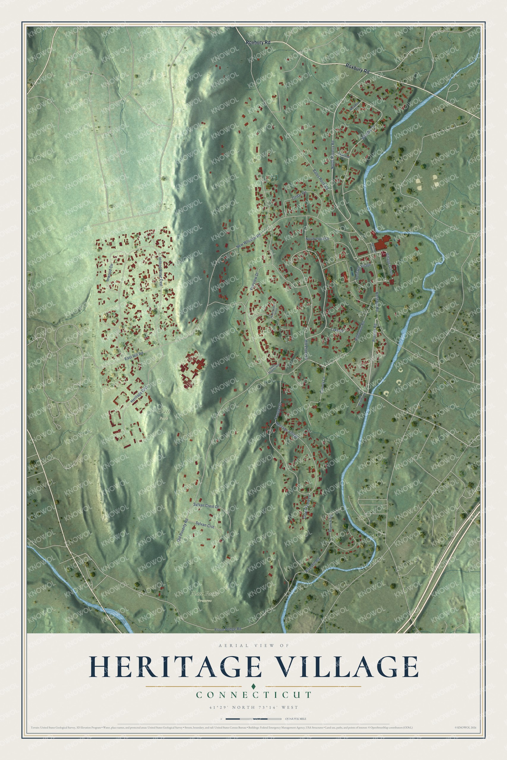 Full map of Heritage Village, Connecticut, with red buildings, printed street names and the land around them