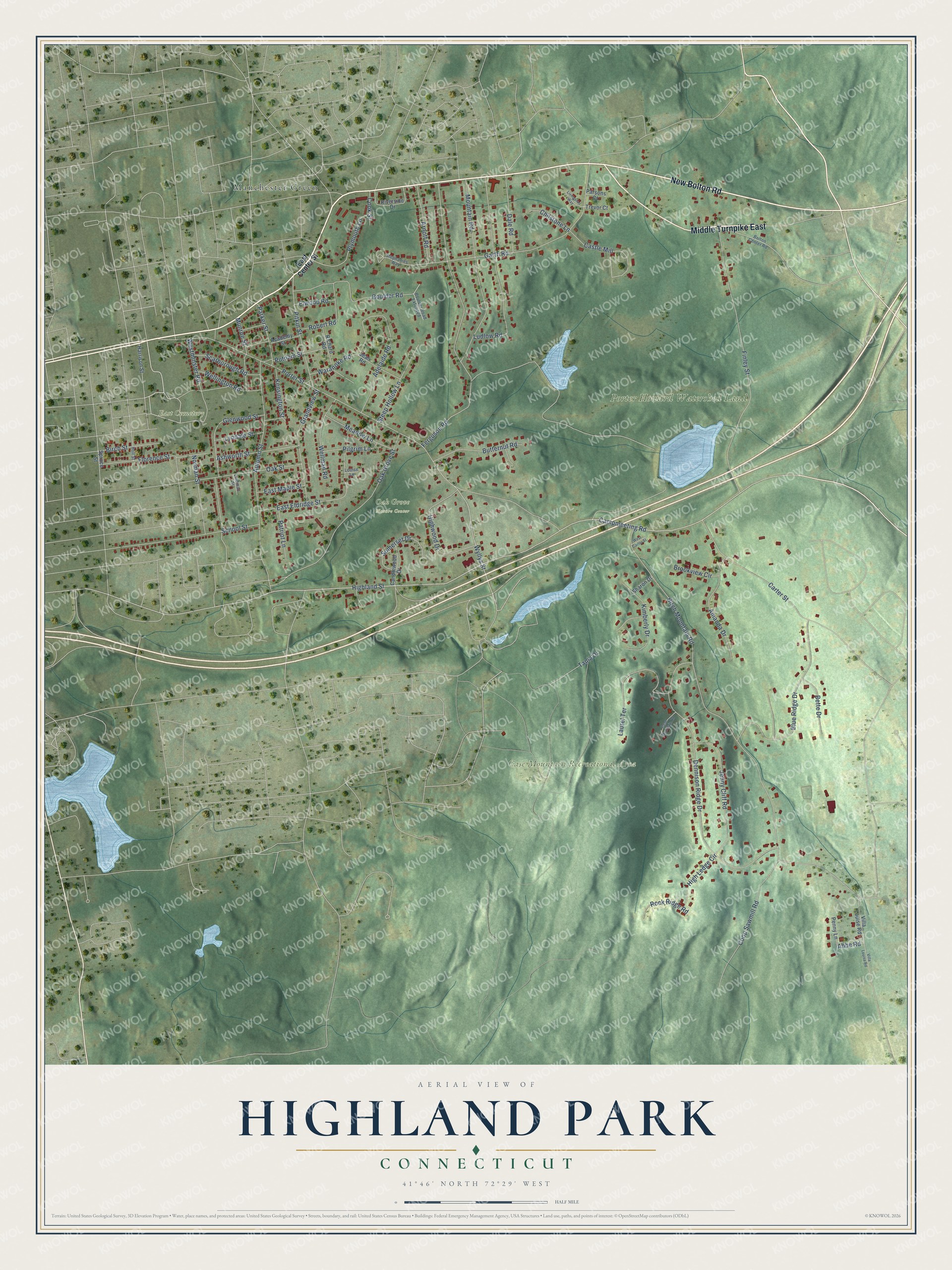 Full map of Highland Park, Connecticut, with red buildings, printed street names and the land around them