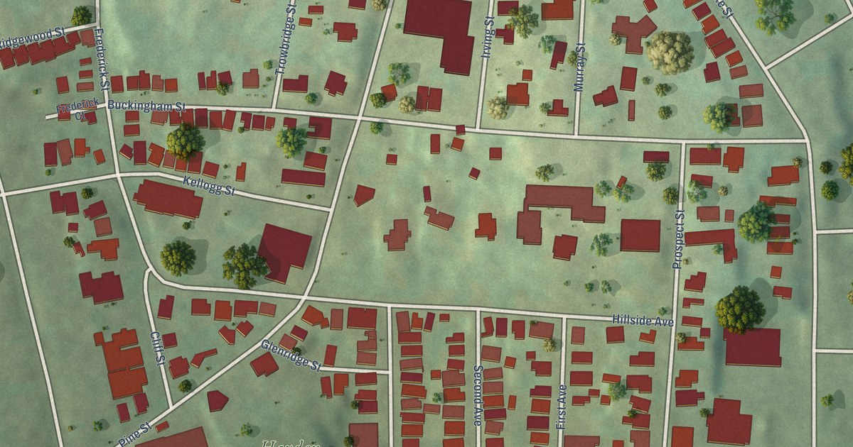 Close-up of streets and buildings in Hillside, Connecticut