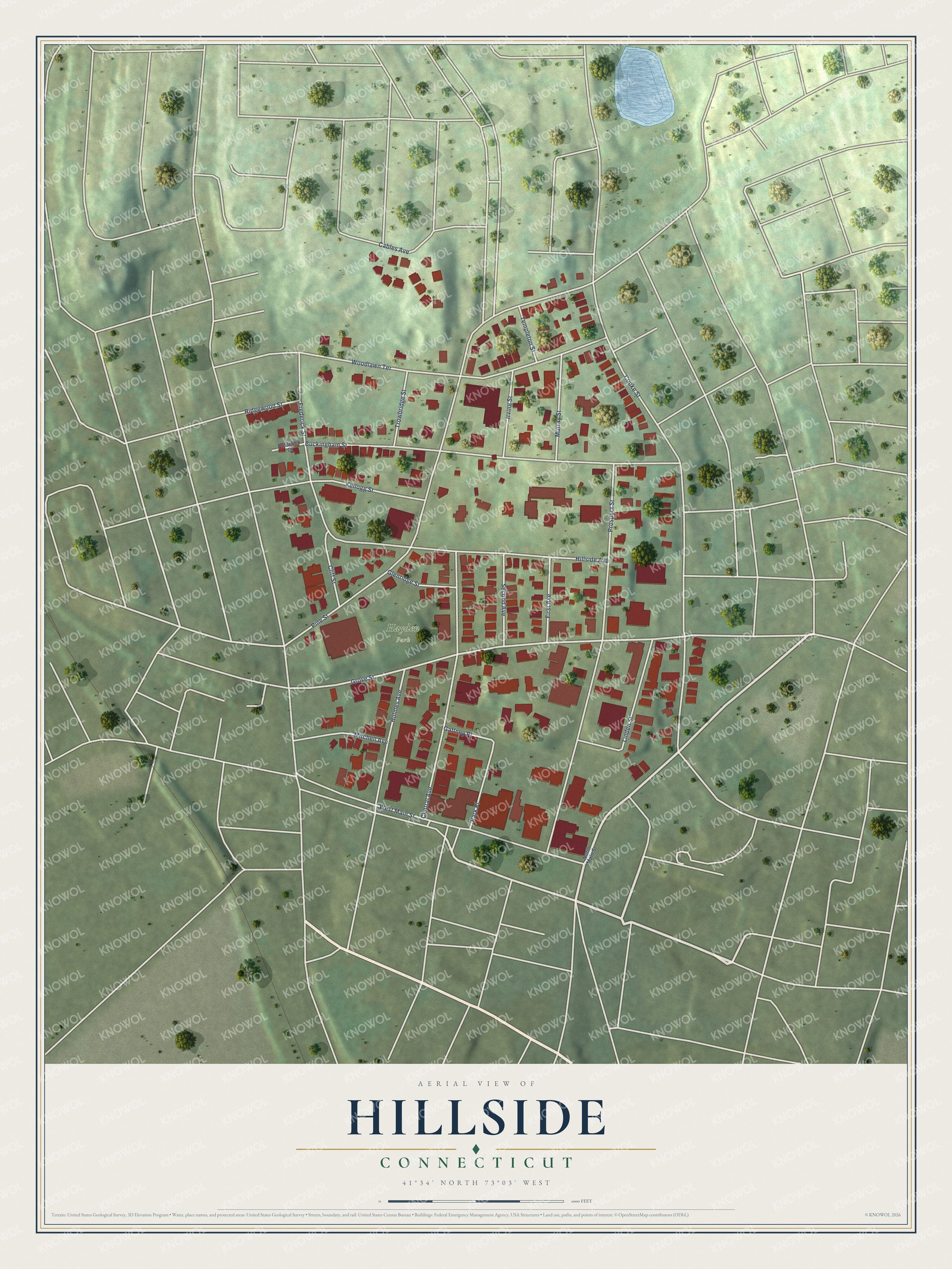 Full map of Hillside, Connecticut, with red buildings, printed street names and the land around them