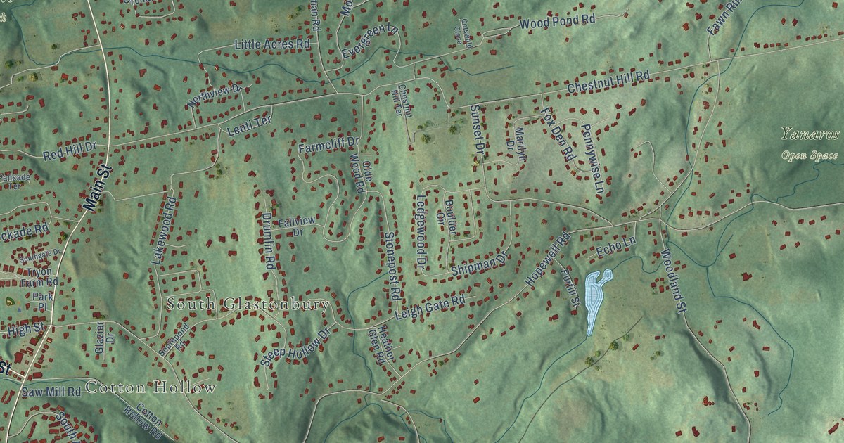 Close-up of streets and buildings in Hopewell, Connecticut