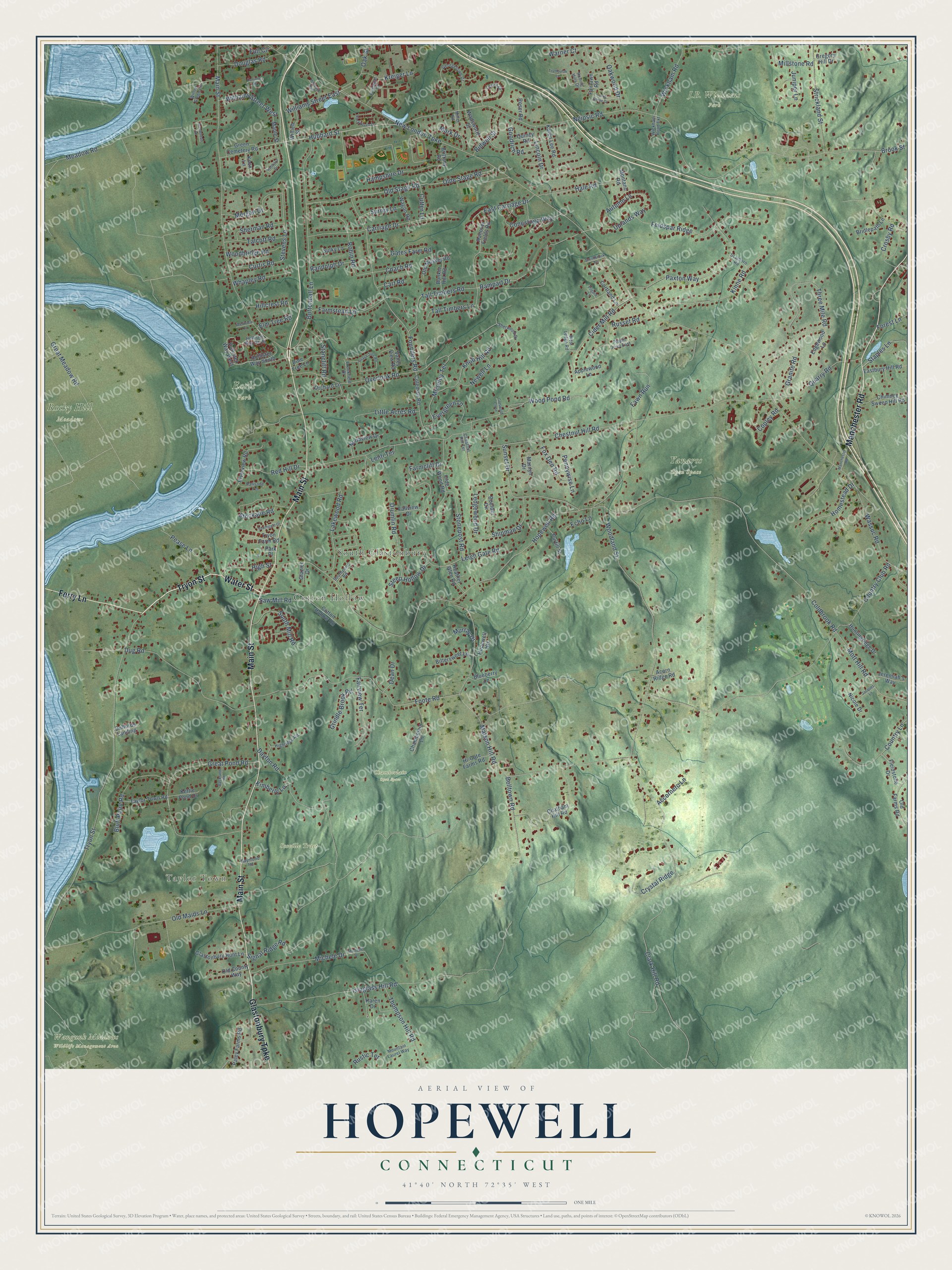 Full map of Hopewell, Connecticut, with red buildings, printed street names and the land around them