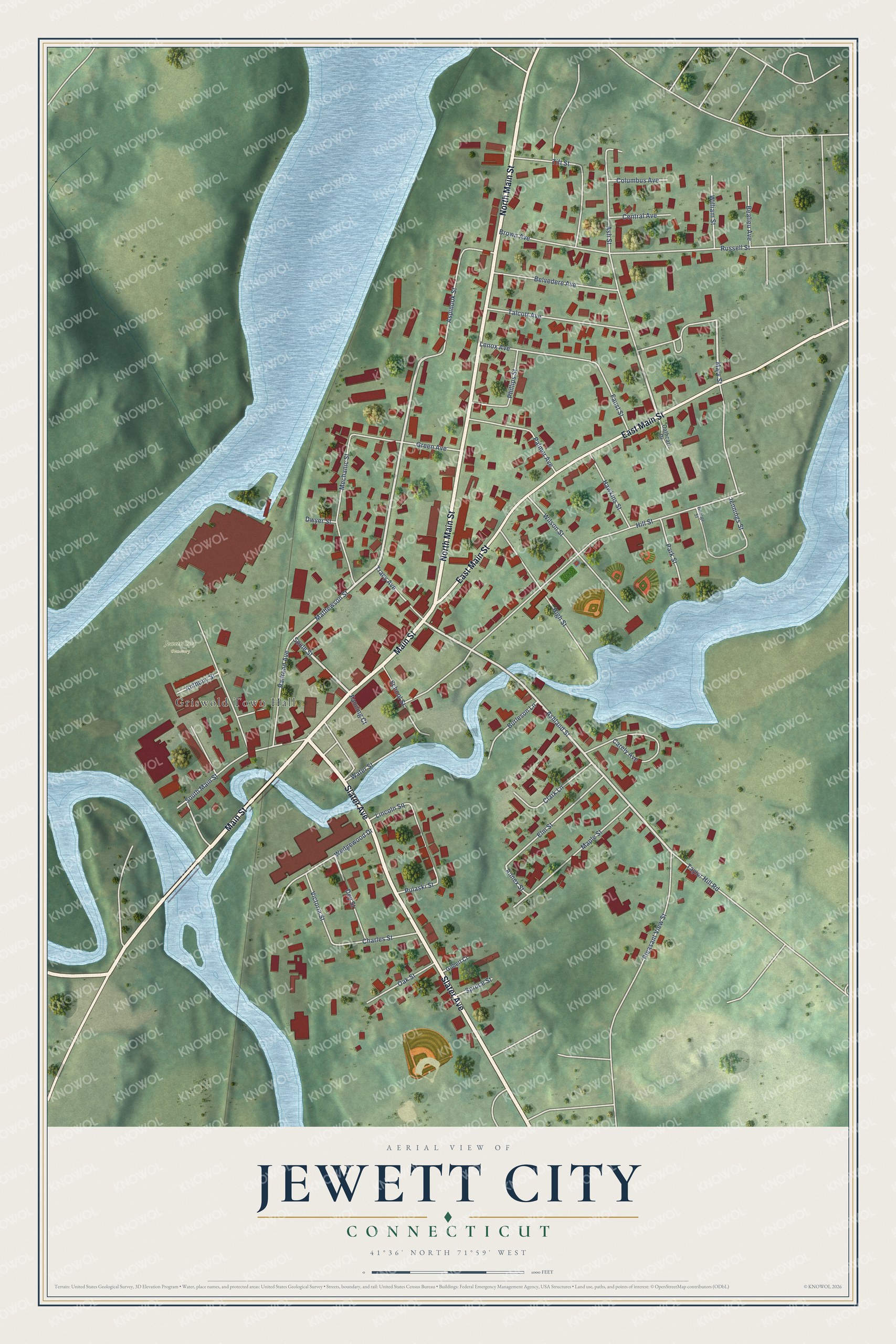 Full map of Jewett City, Connecticut, with red buildings, printed street names and the land around them