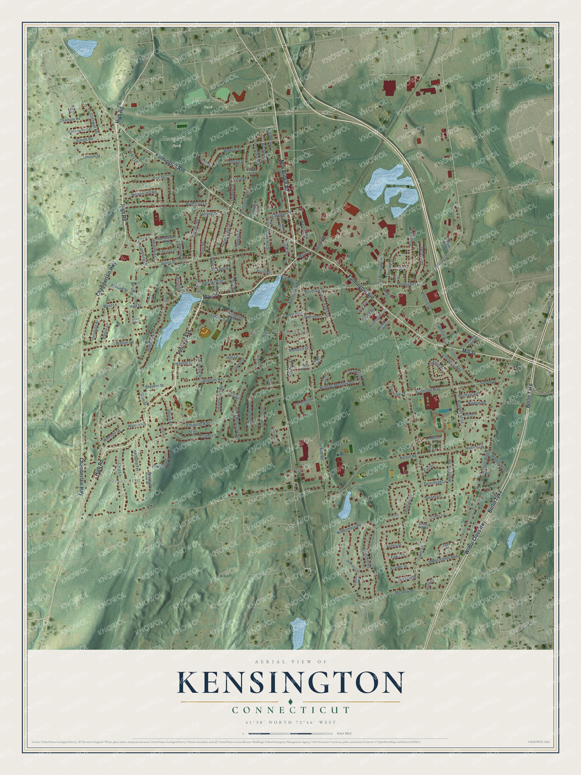 Full map of Kensington, Connecticut, with red buildings, printed street names and the land around them