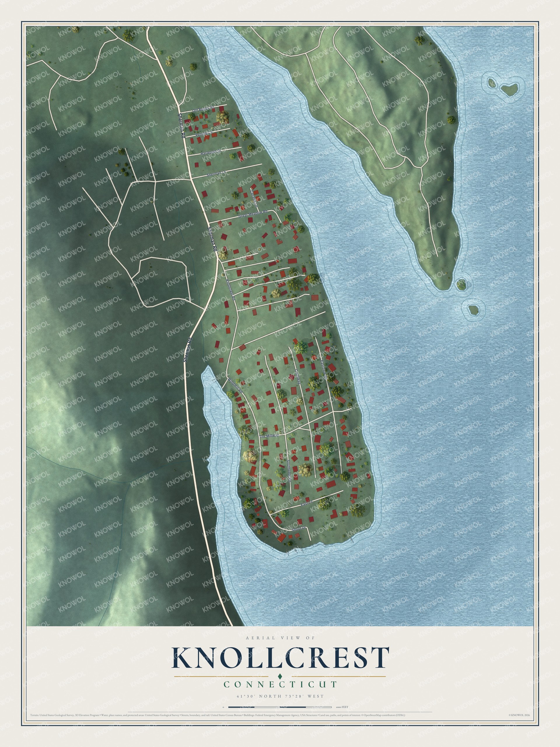 Full map of Knollcrest, Connecticut, with red buildings, printed street names and the land around them