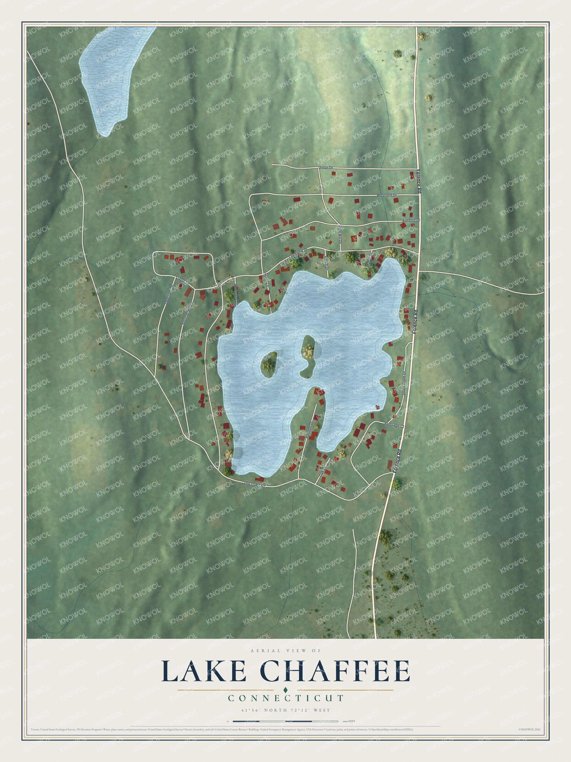 Full map of Lake Chaffee, Connecticut, with red buildings, printed street names and the land around them