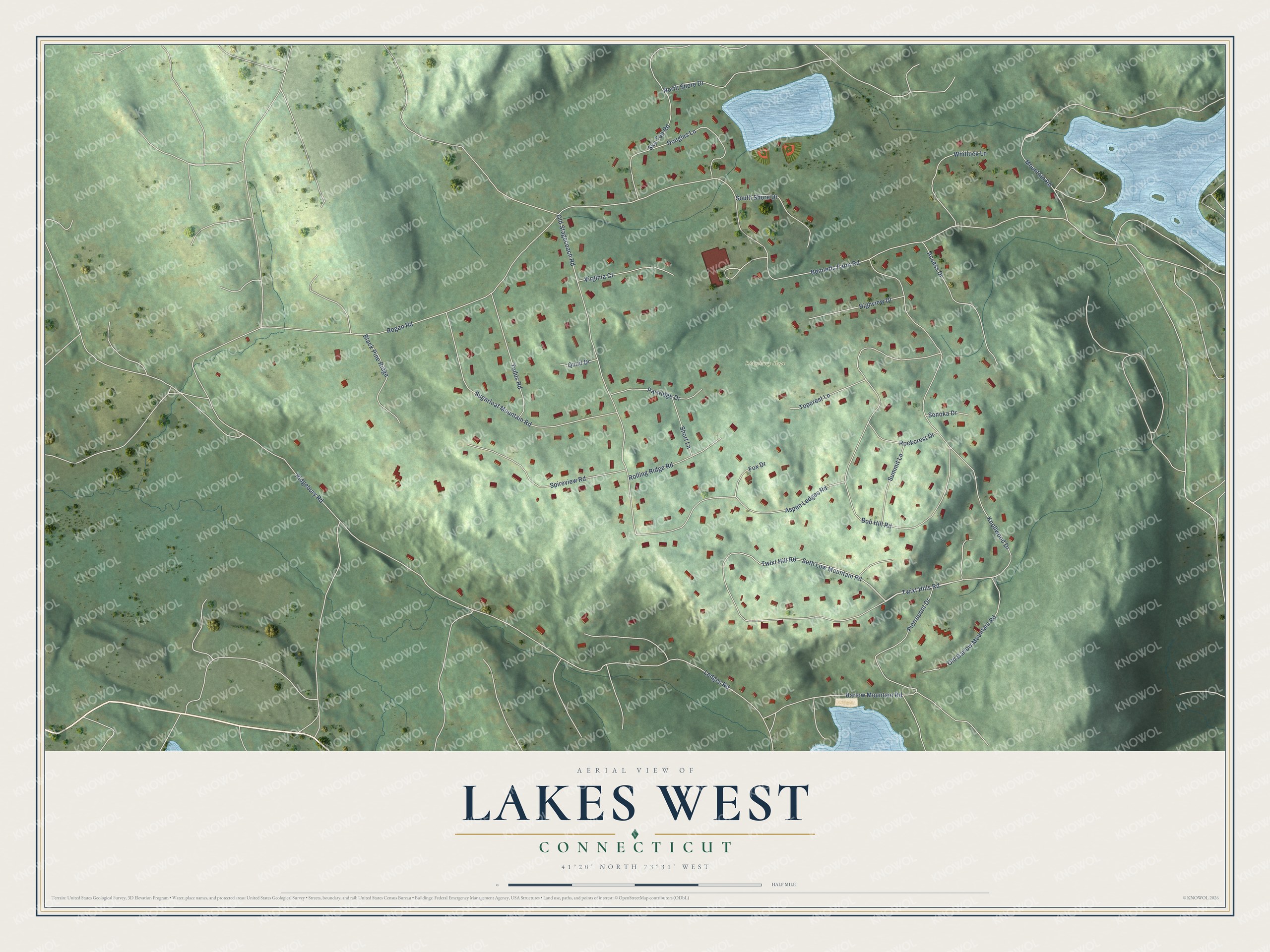 Watermarked full-map preview of Lakes West, Connecticut