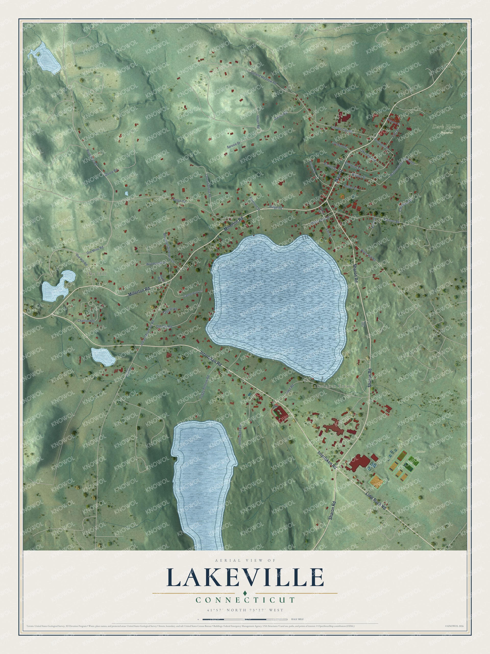 Full map of Lakeville, Connecticut, with red buildings, printed street names and the land around them