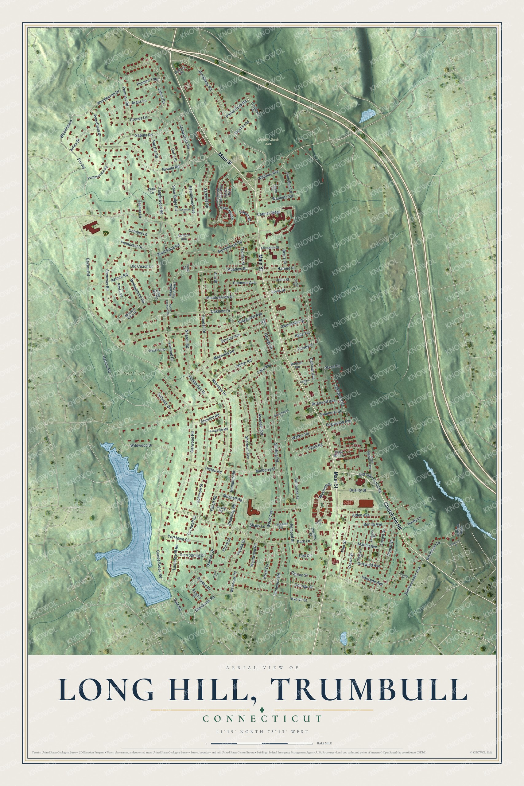 Full map of Long Hill, Connecticut, with red buildings, printed street names and the land around them